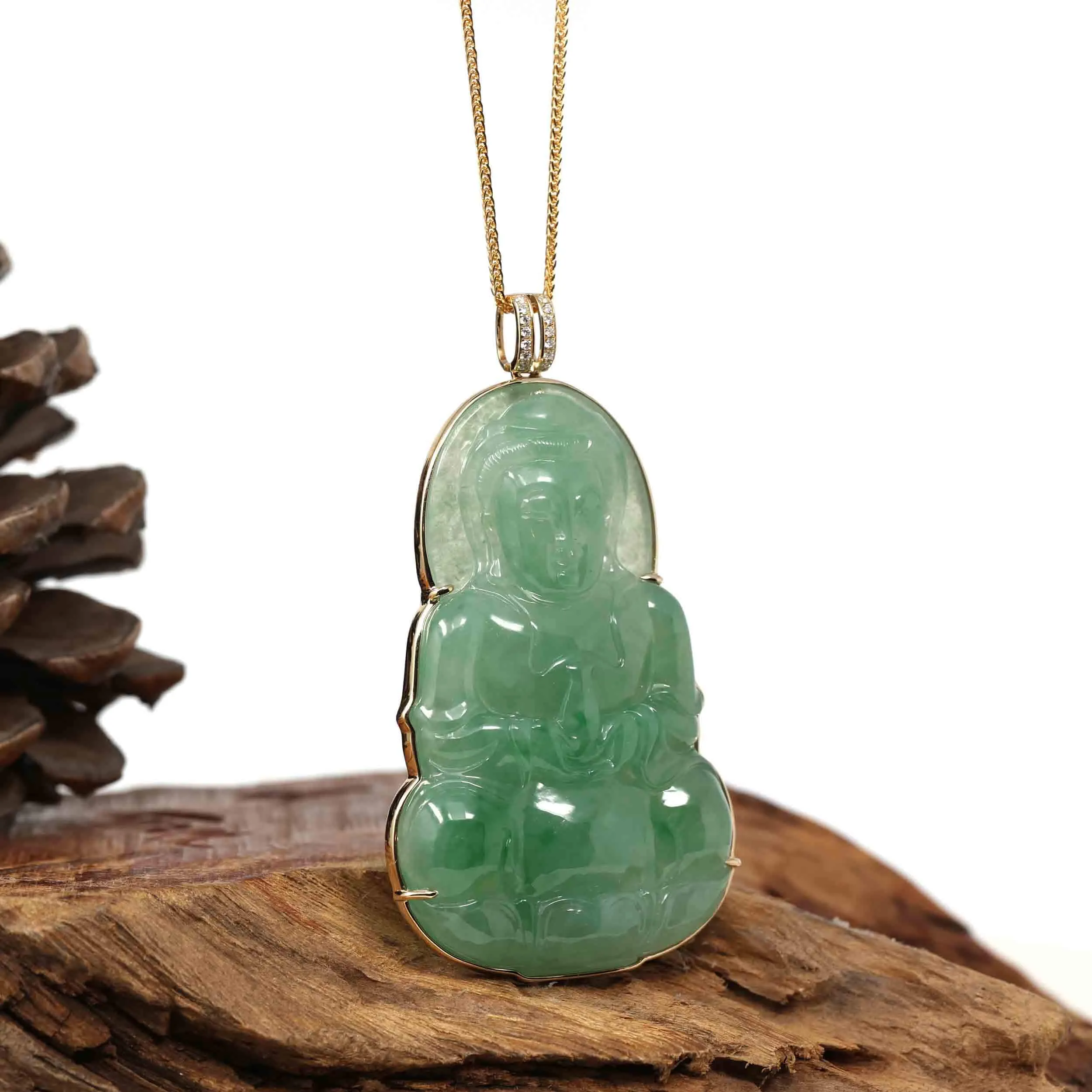 Baikalla 14k Yellow Gold "Goddess of Compassion" Genuine Ice Burmese Jadeite Jade Guanyin Necklace With Gold Bail