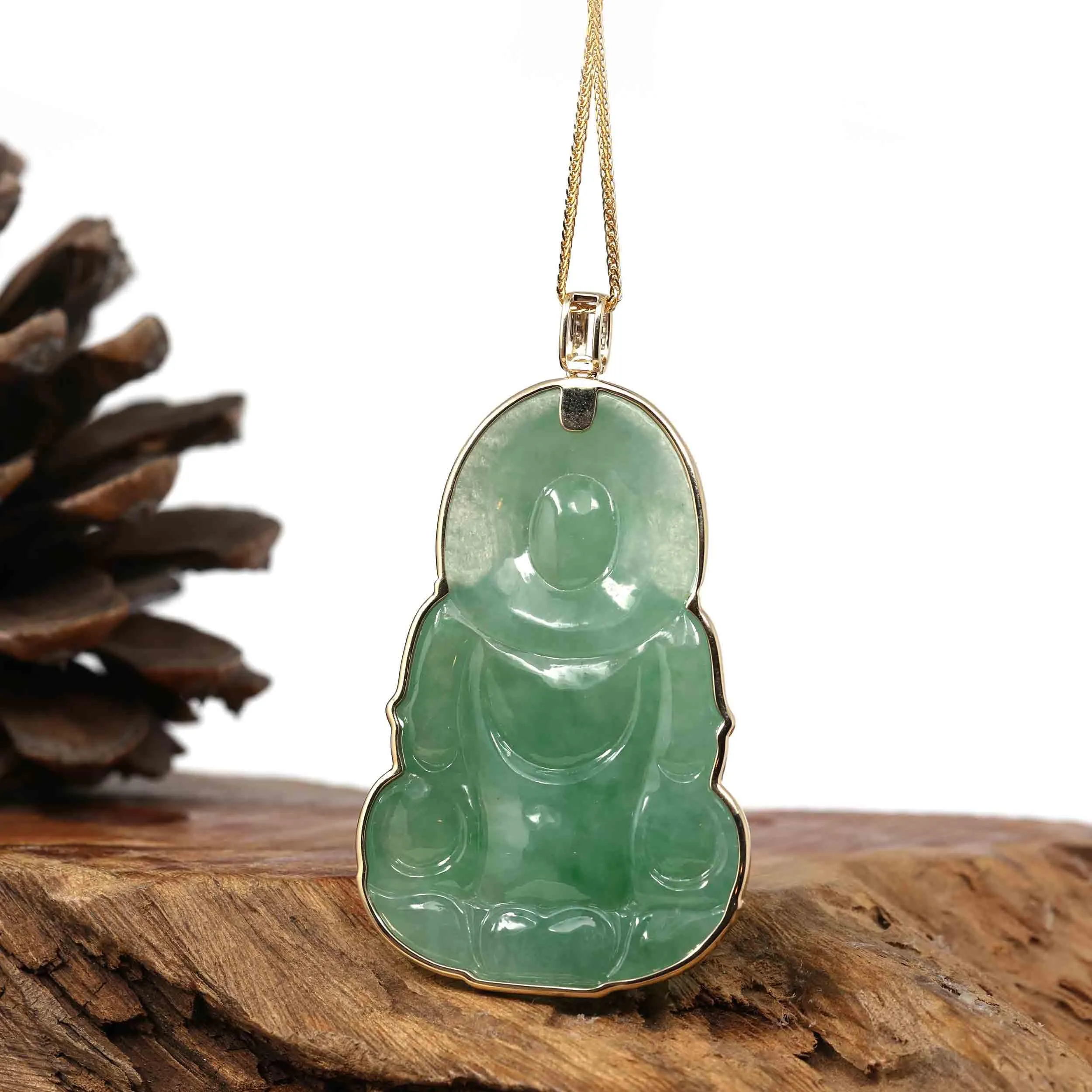 Baikalla 14k Yellow Gold "Goddess of Compassion" Genuine Ice Burmese Jadeite Jade Guanyin Necklace With Gold Bail