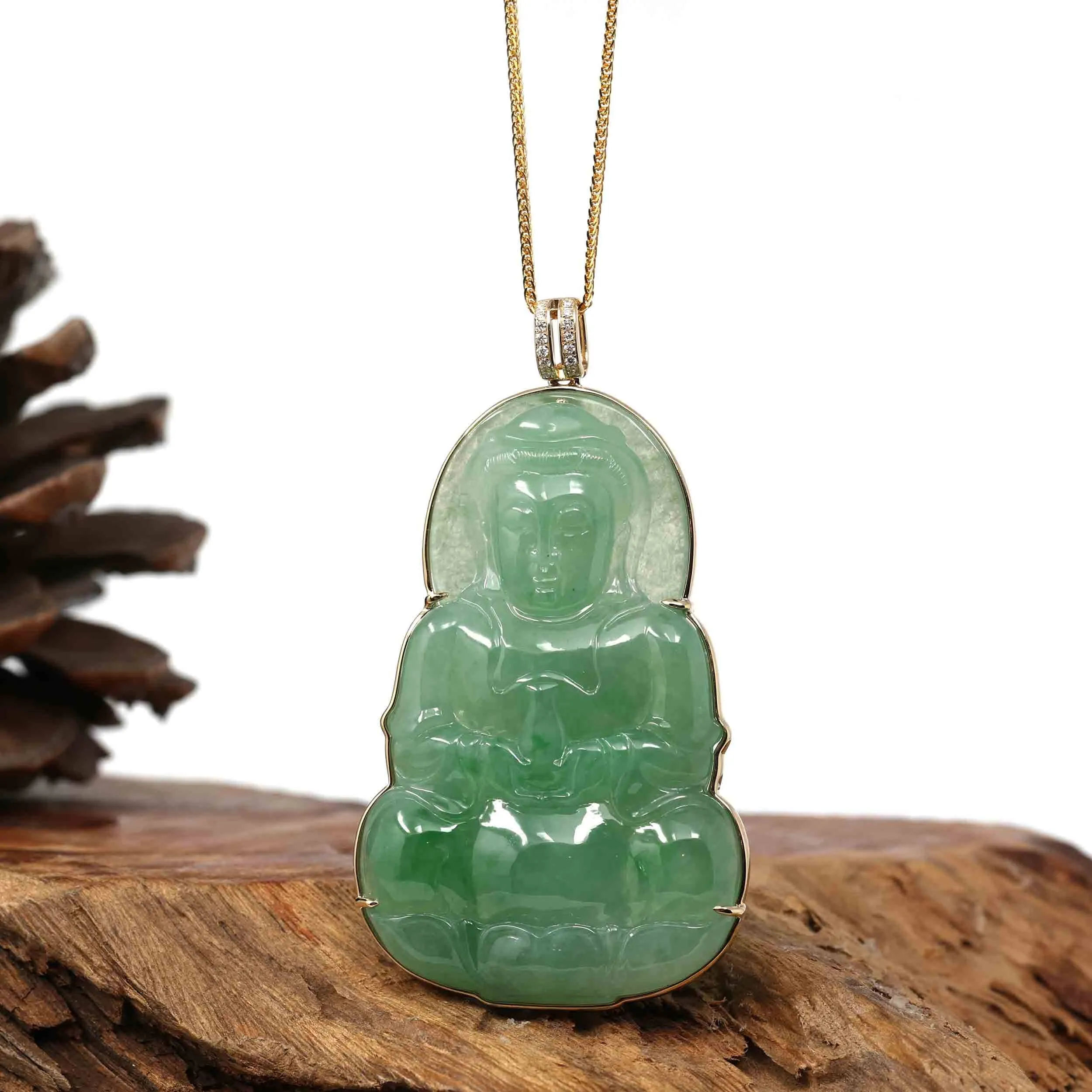 Baikalla 14k Yellow Gold "Goddess of Compassion" Genuine Ice Burmese Jadeite Jade Guanyin Necklace With Gold Bail