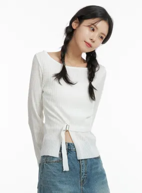 Boat Neck Buckle Knit Top OF414