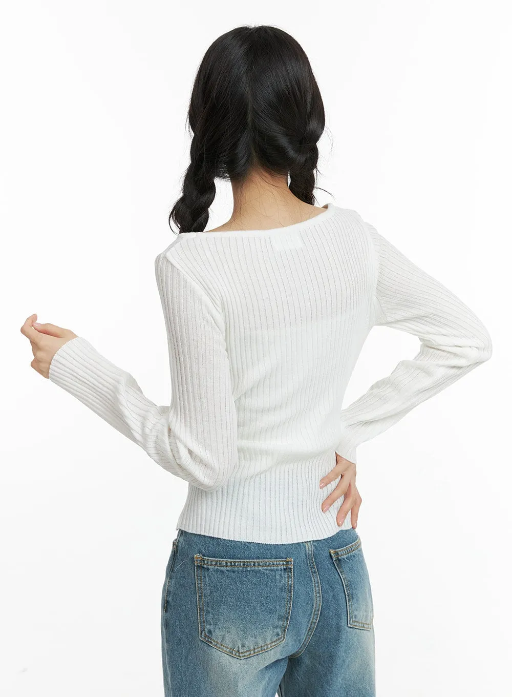 Boat Neck Buckle Knit Top OF414