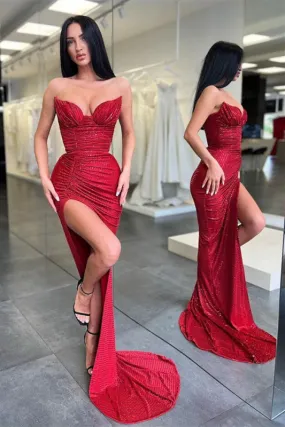 Burgundy Sleeveless Long Sequins Mermaid Prom Dress With Split: