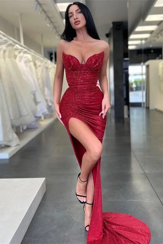 Burgundy Sleeveless Long Sequins Mermaid Prom Dress With Split: