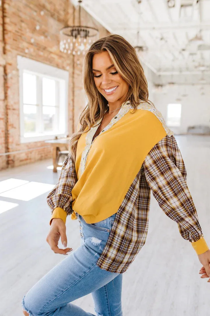 Callen Plaid Notched Neck Slit Blouse