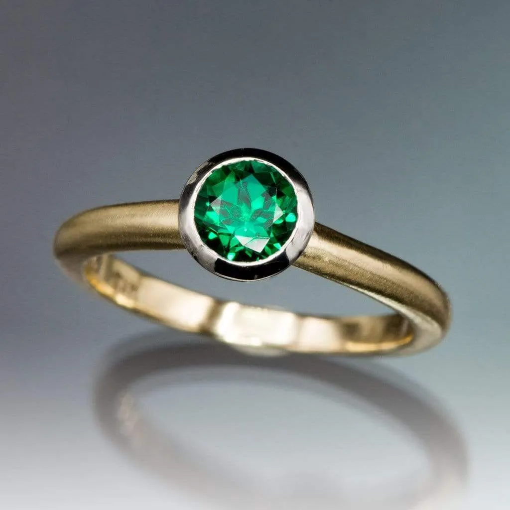 Chatham Emerald Palladium and 14k Gold Mixed Metal Solitaire Engagement Ring, Ready to size 4 - 7