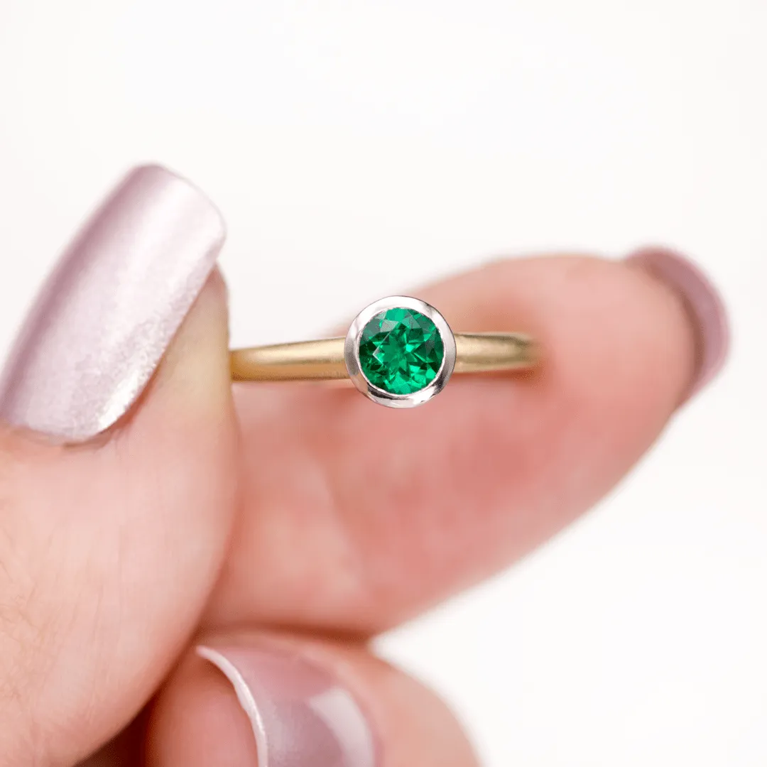 Chatham Emerald Palladium and 14k Gold Mixed Metal Solitaire Engagement Ring, Ready to size 4 - 7