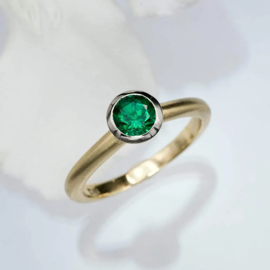 Chatham Emerald Palladium and 14k Gold Mixed Metal Solitaire Engagement Ring, Ready to size 4 - 7