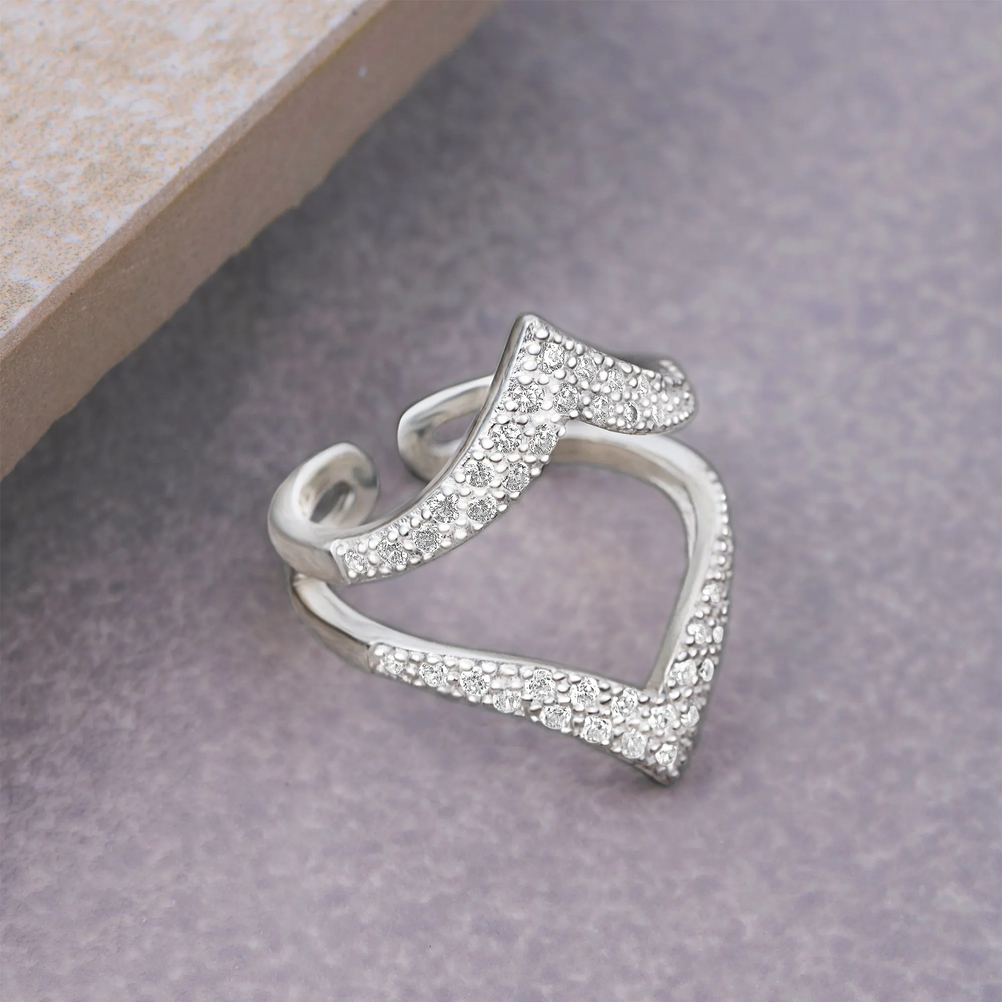 Chevron Ring Double CZ V Shape Ring Silver Adjustable