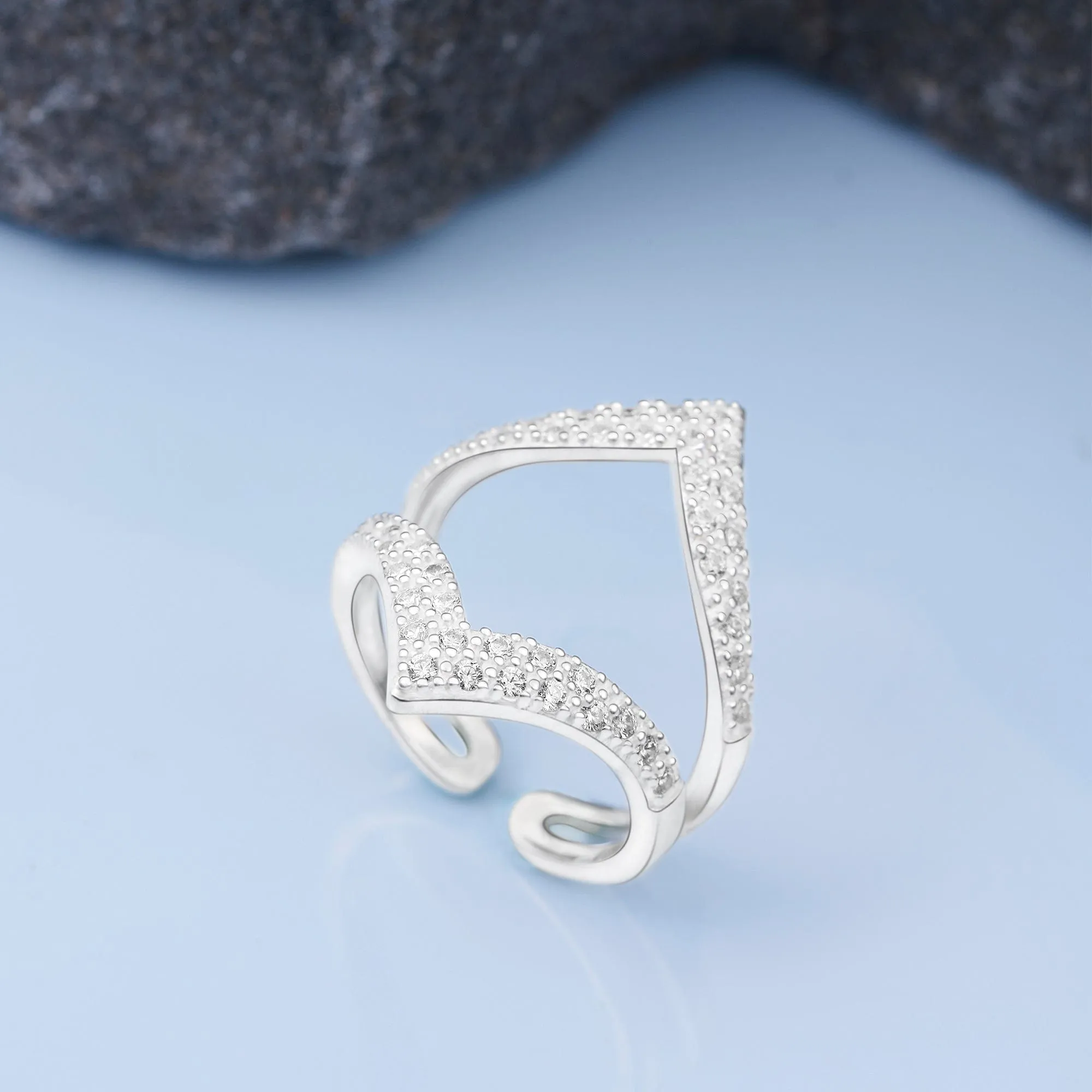 Chevron Ring Double CZ V Shape Ring Silver Adjustable