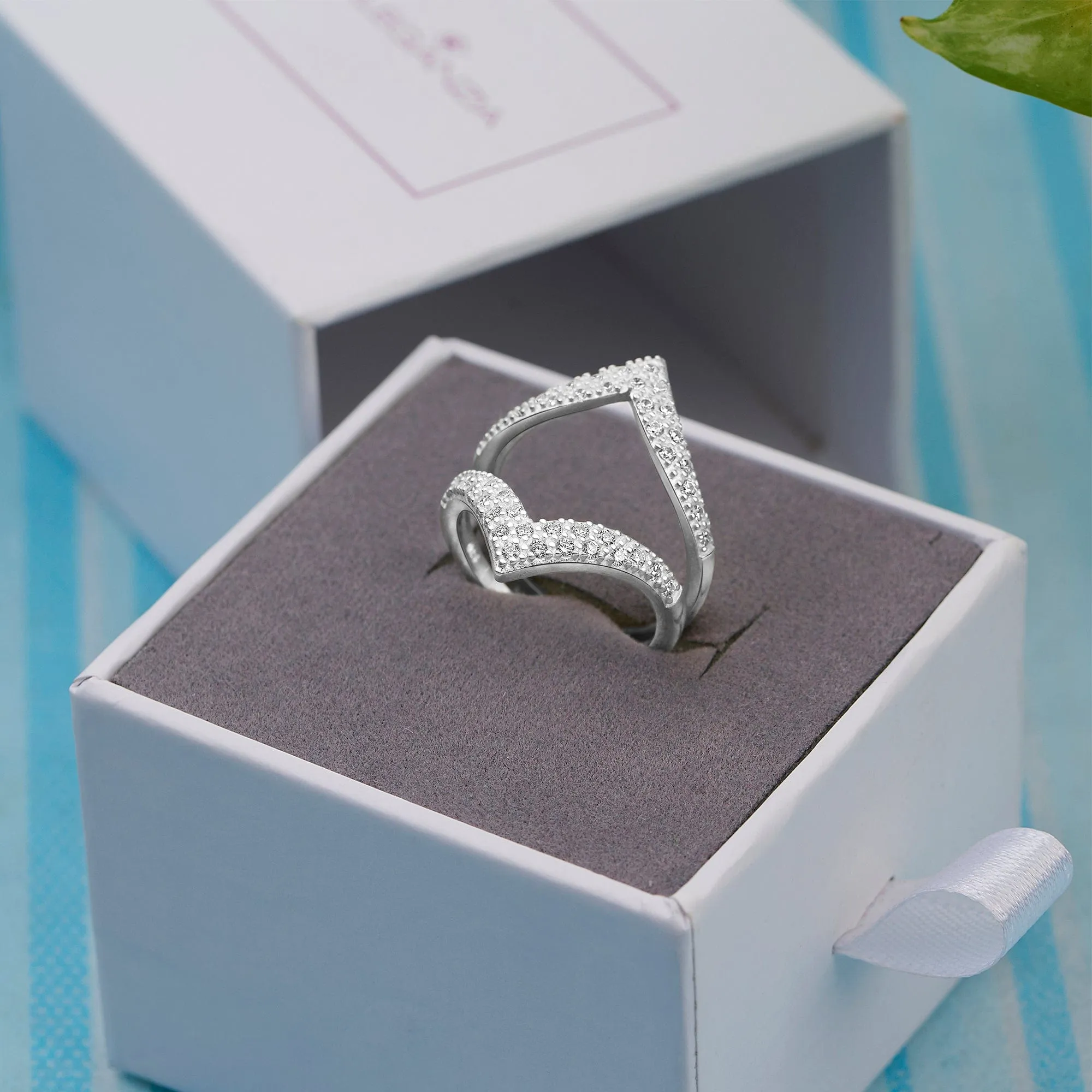 Chevron Ring Double CZ V Shape Ring Silver Adjustable