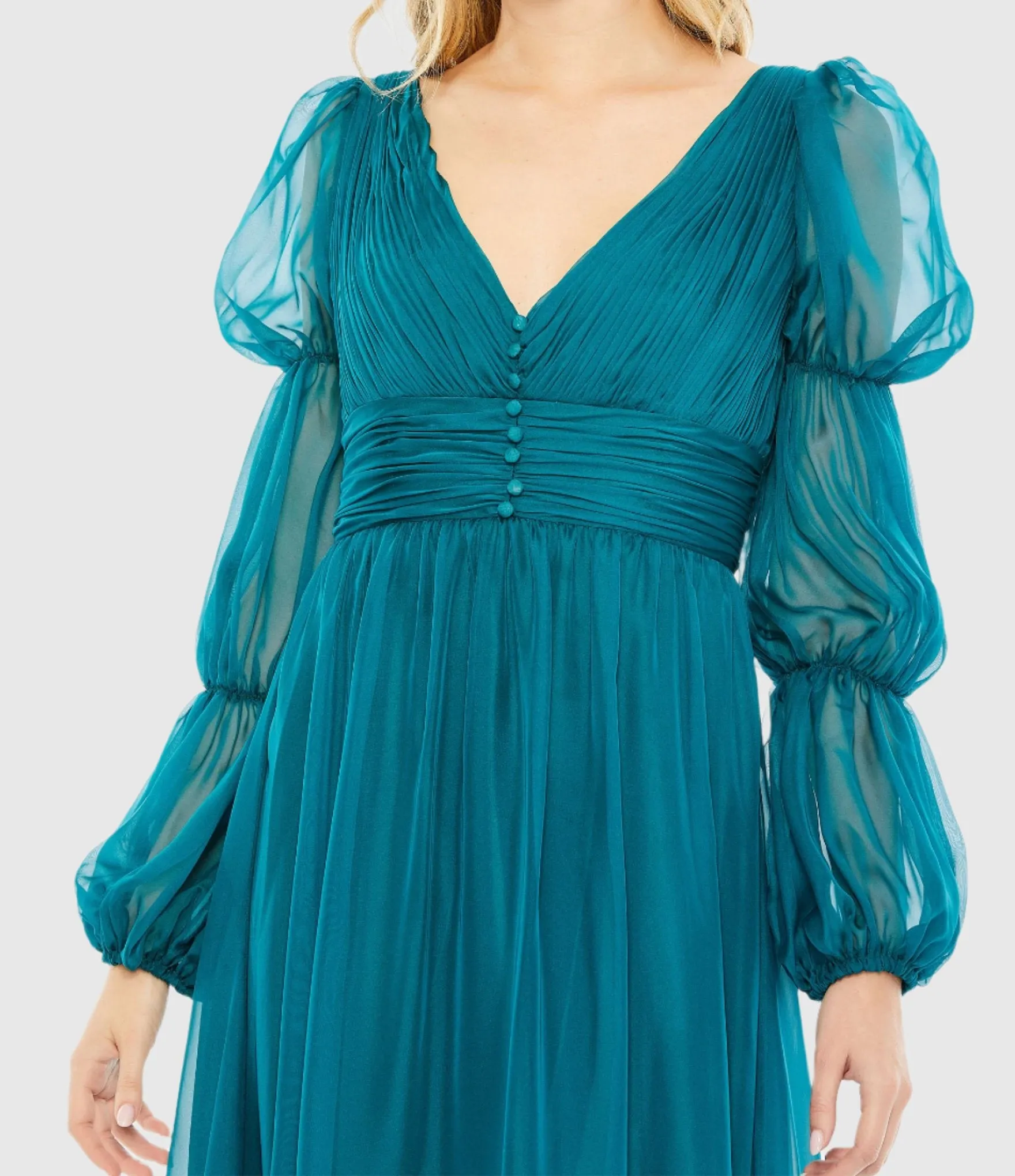 Chiffon Ruched Tiered Puff Sleeve A Line Dress