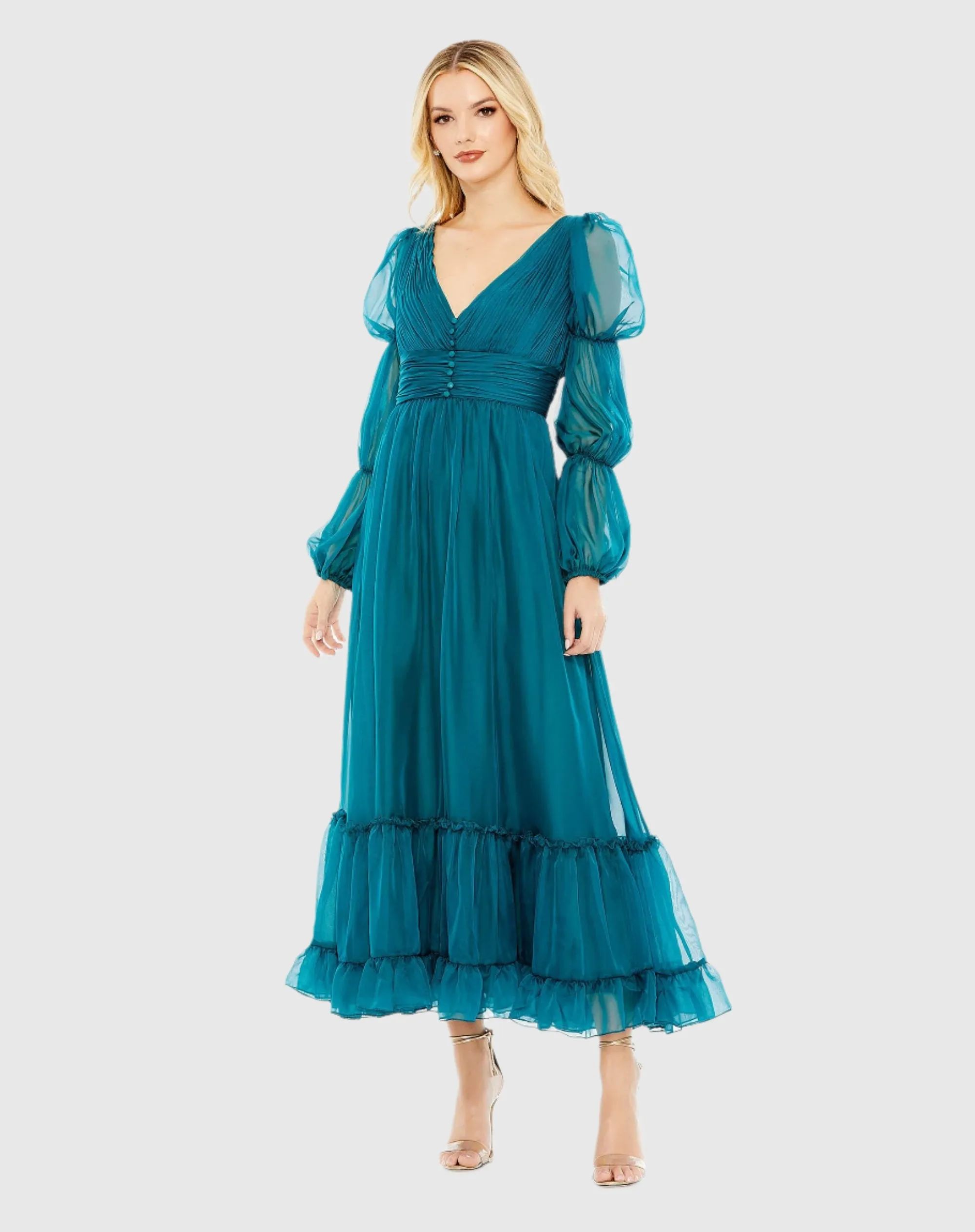 Chiffon Ruched Tiered Puff Sleeve A Line Dress