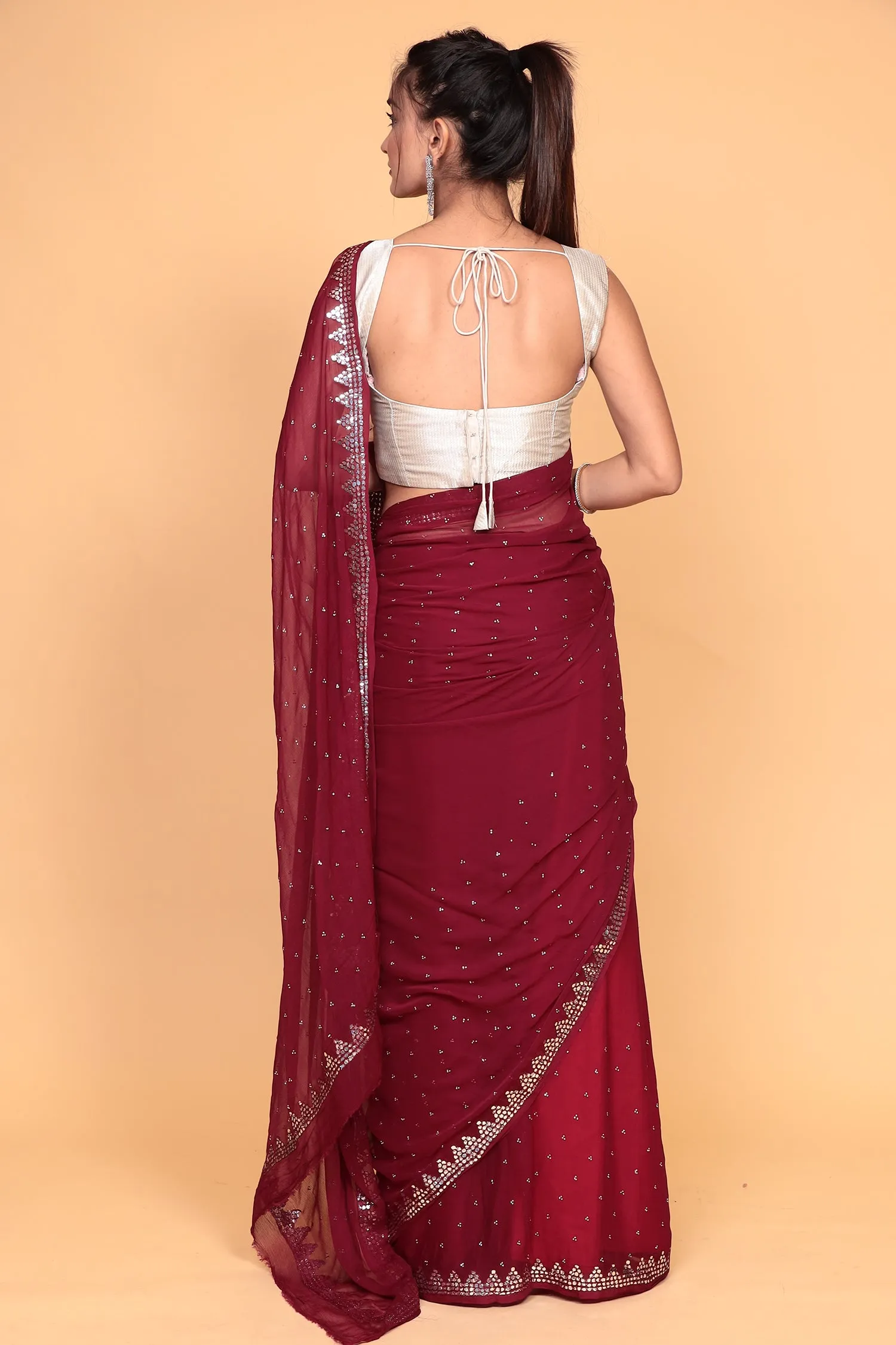 Chiffon Saree with Mirror, Swarovski work.