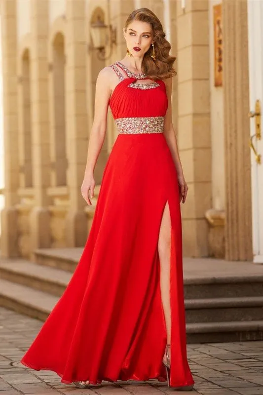 Crystal Crimson Halter Neck Prom Gown with Daring Split