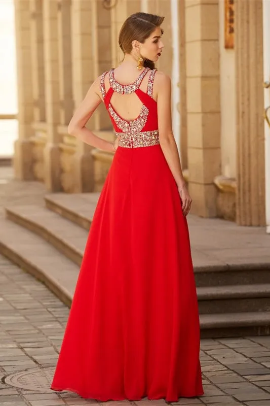 Crystal Crimson Halter Neck Prom Gown with Daring Split