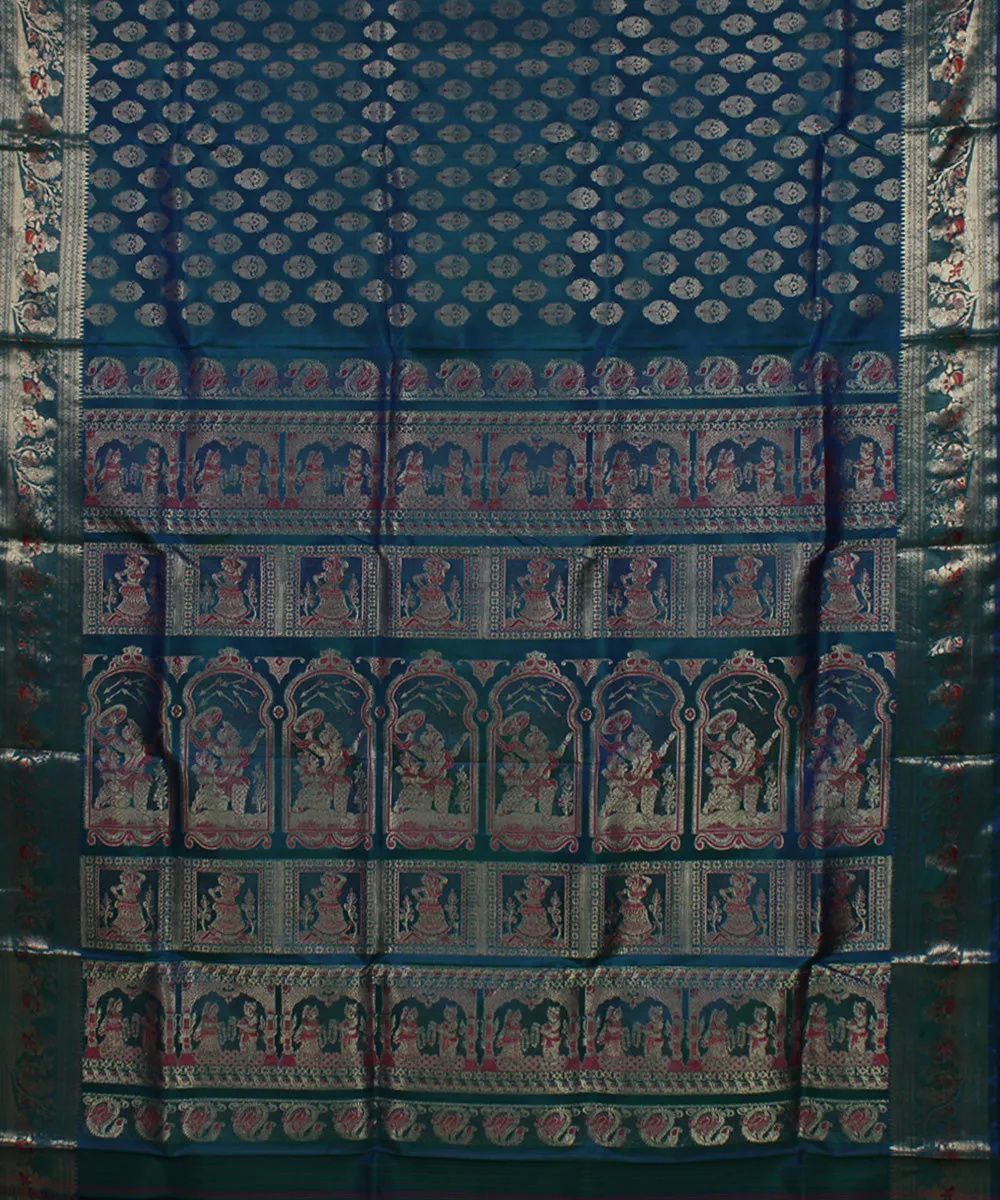 Cyan blue handwoven swarnachari silk baluchari saree