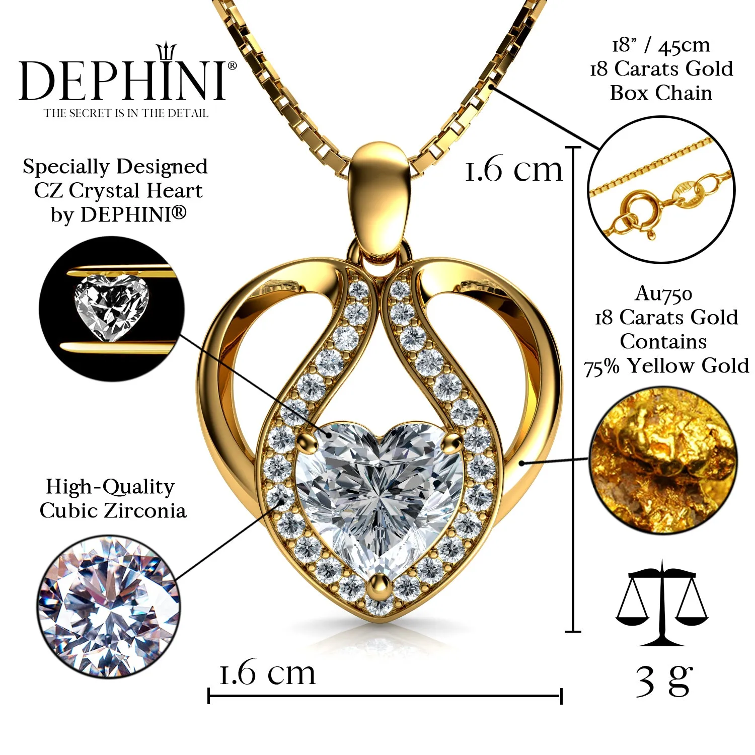 DEPHINI 18k gold heart pendant - Cute Pendant CZ Crystals