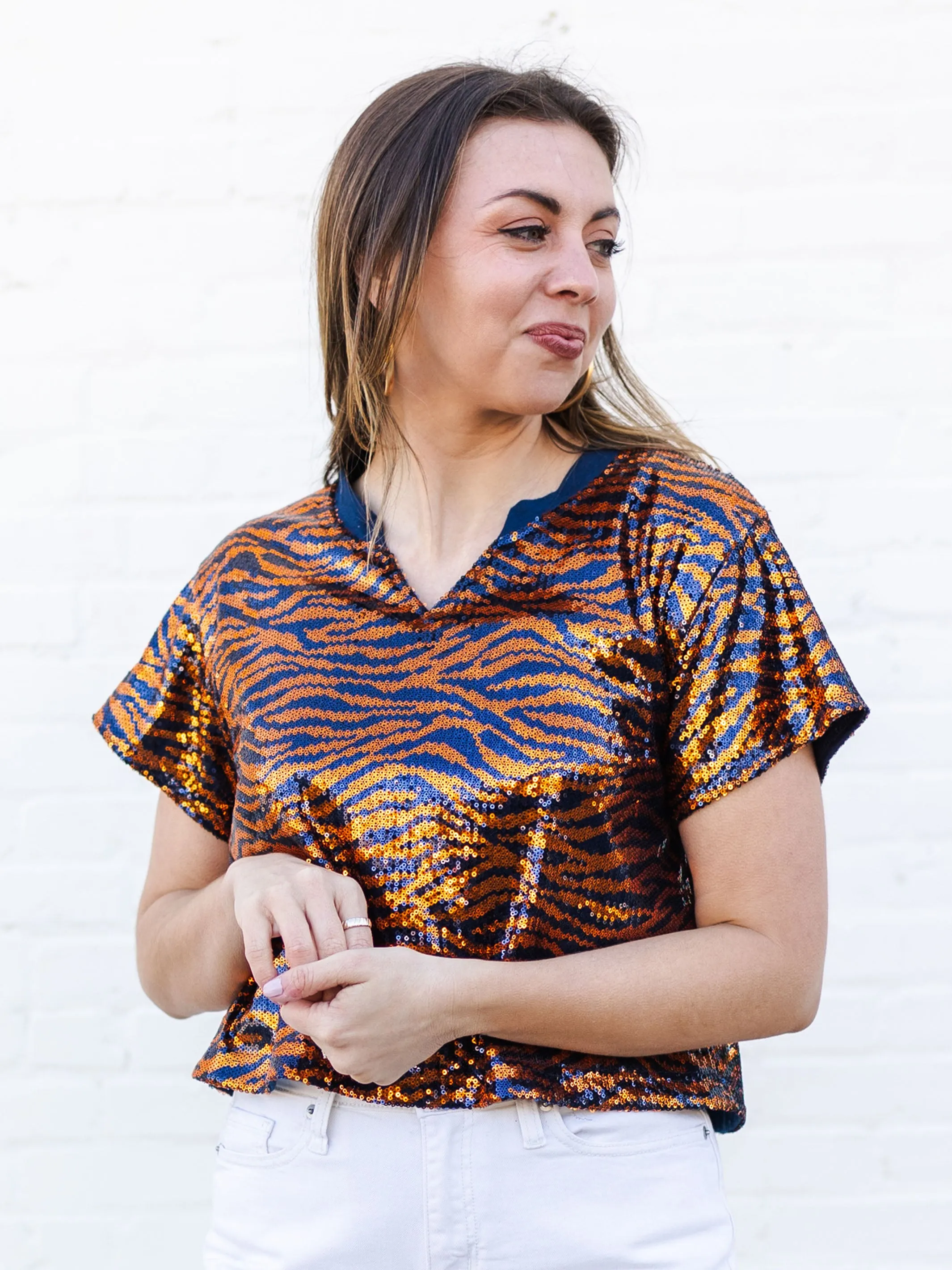 Diane Top | Tiger Stripe Navy   Orange