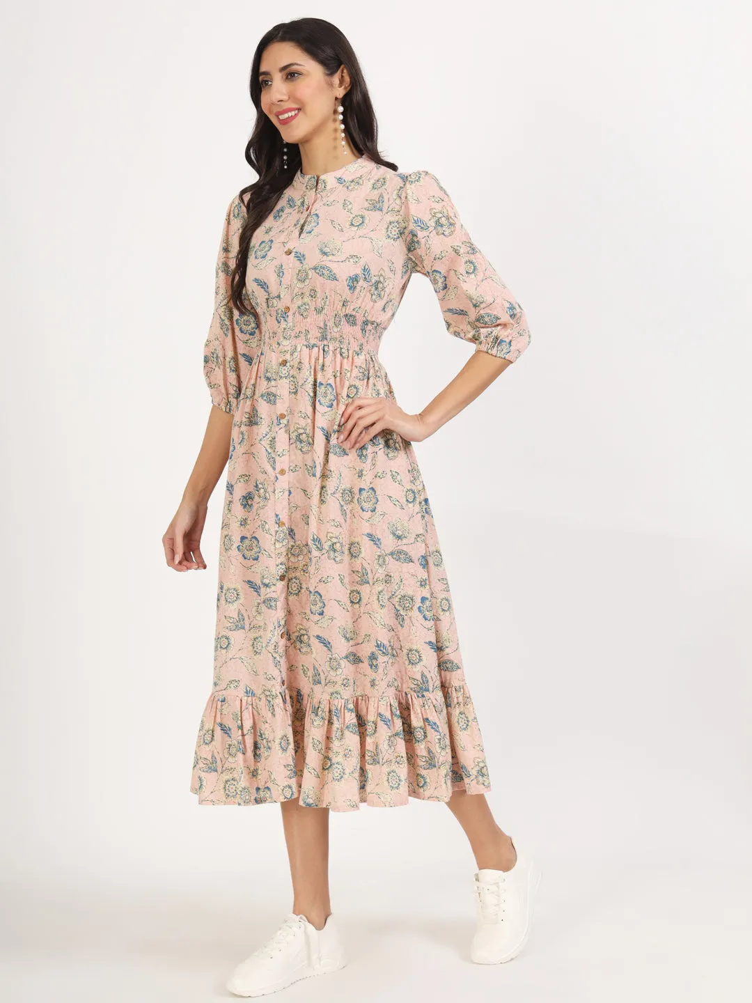 Divena Light Pink Floral Print Cotton Knee Long Dress for Women