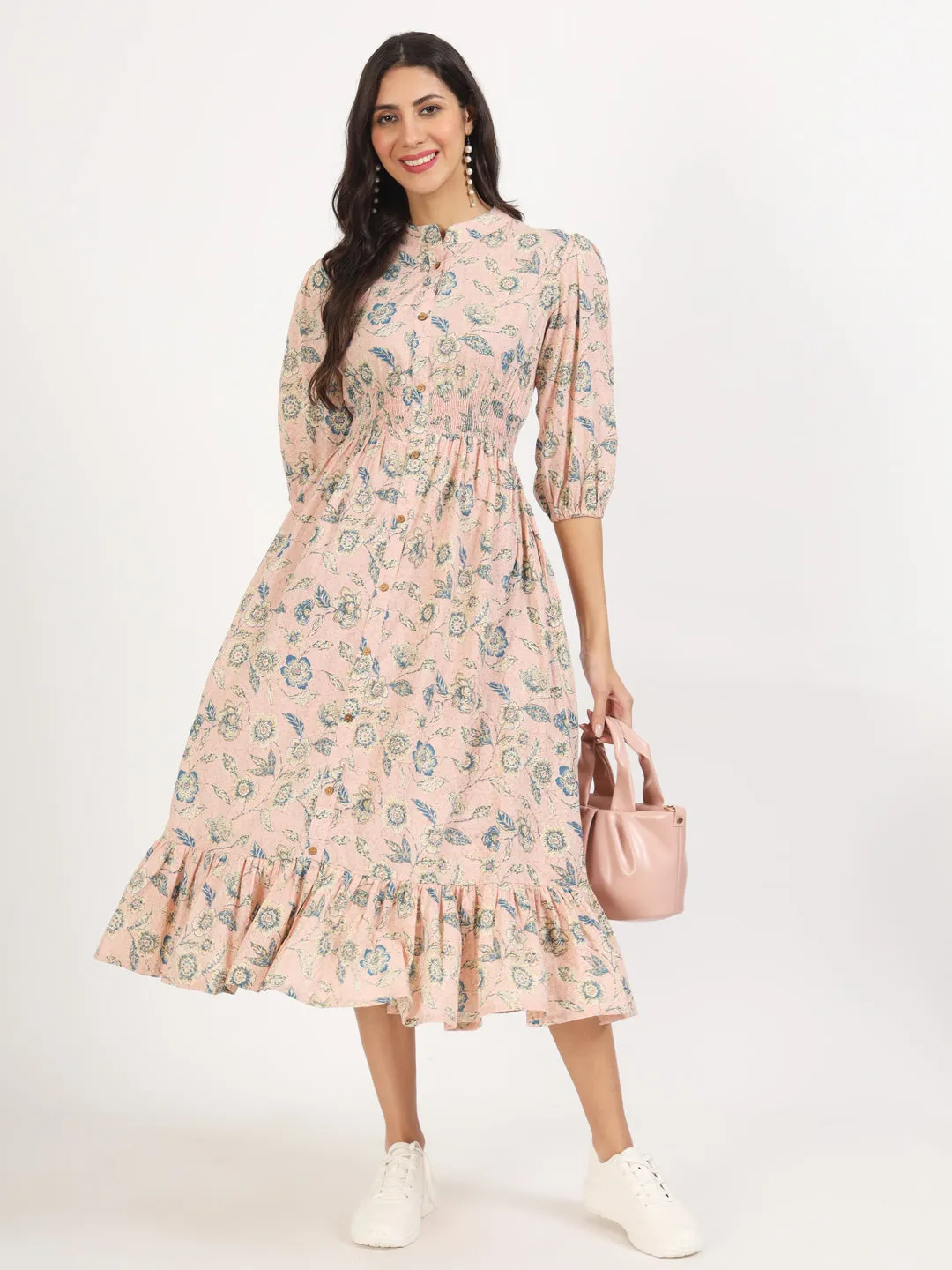 Divena Light Pink Floral Print Cotton Knee Long Dress for Women