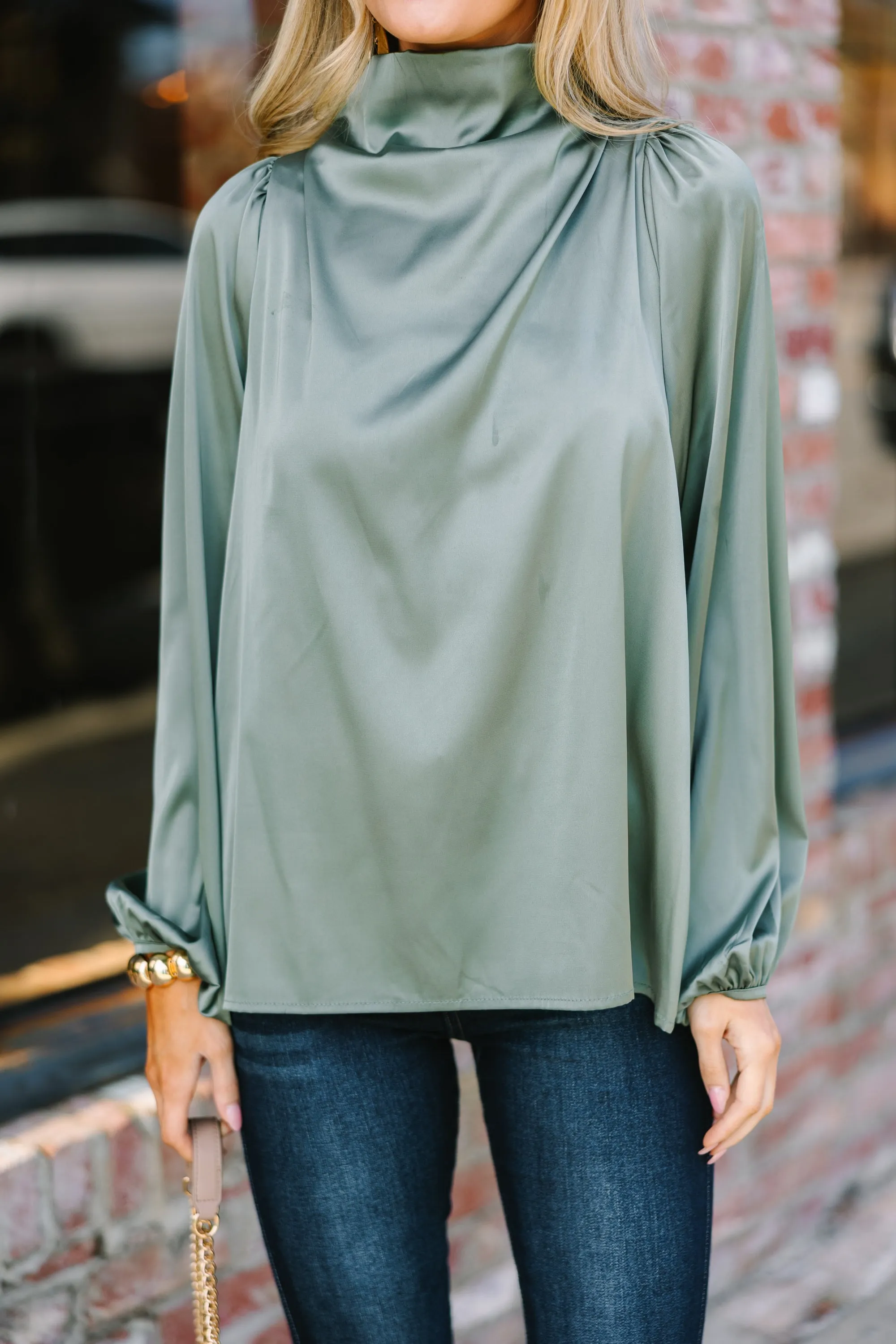 Embrace The Joy Light Olive Green Satin Blouse