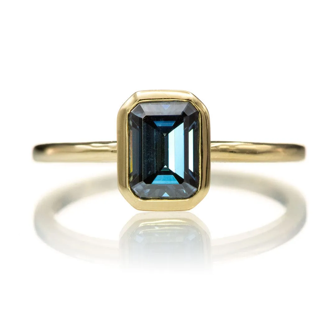 Emma Bezel Set Blue-Gray Emerald Cut Moissanite Solitaire Engagement Ring