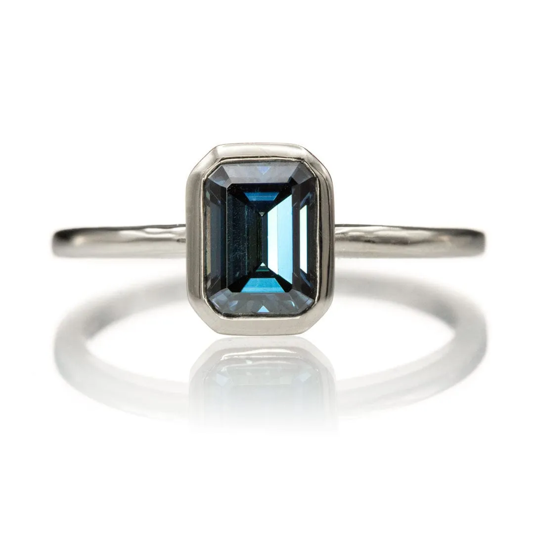 Emma Bezel Set Blue-Gray Emerald Cut Moissanite Solitaire Engagement Ring