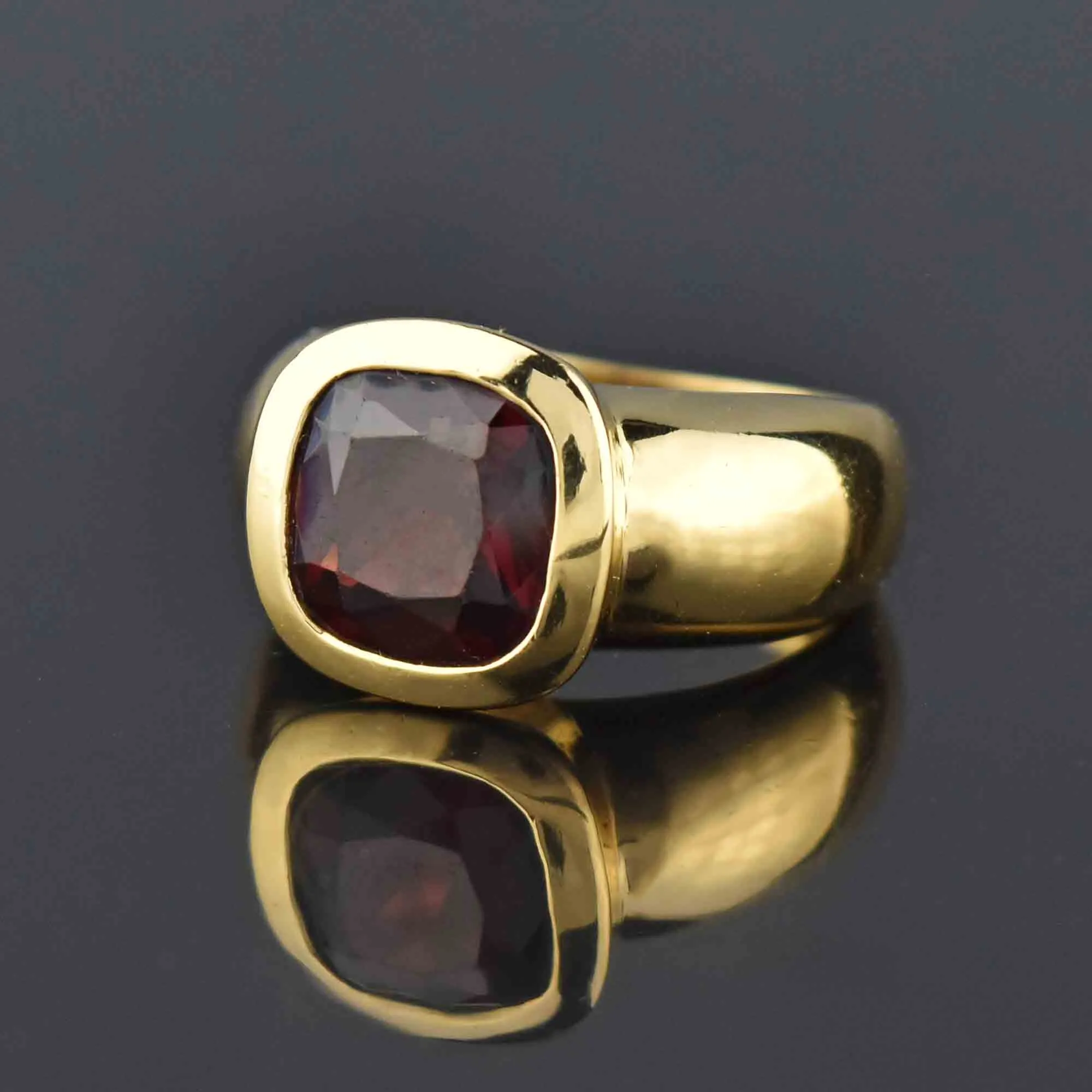 Estate Heavy 18K Gold Cushion Cut Garnet Ring