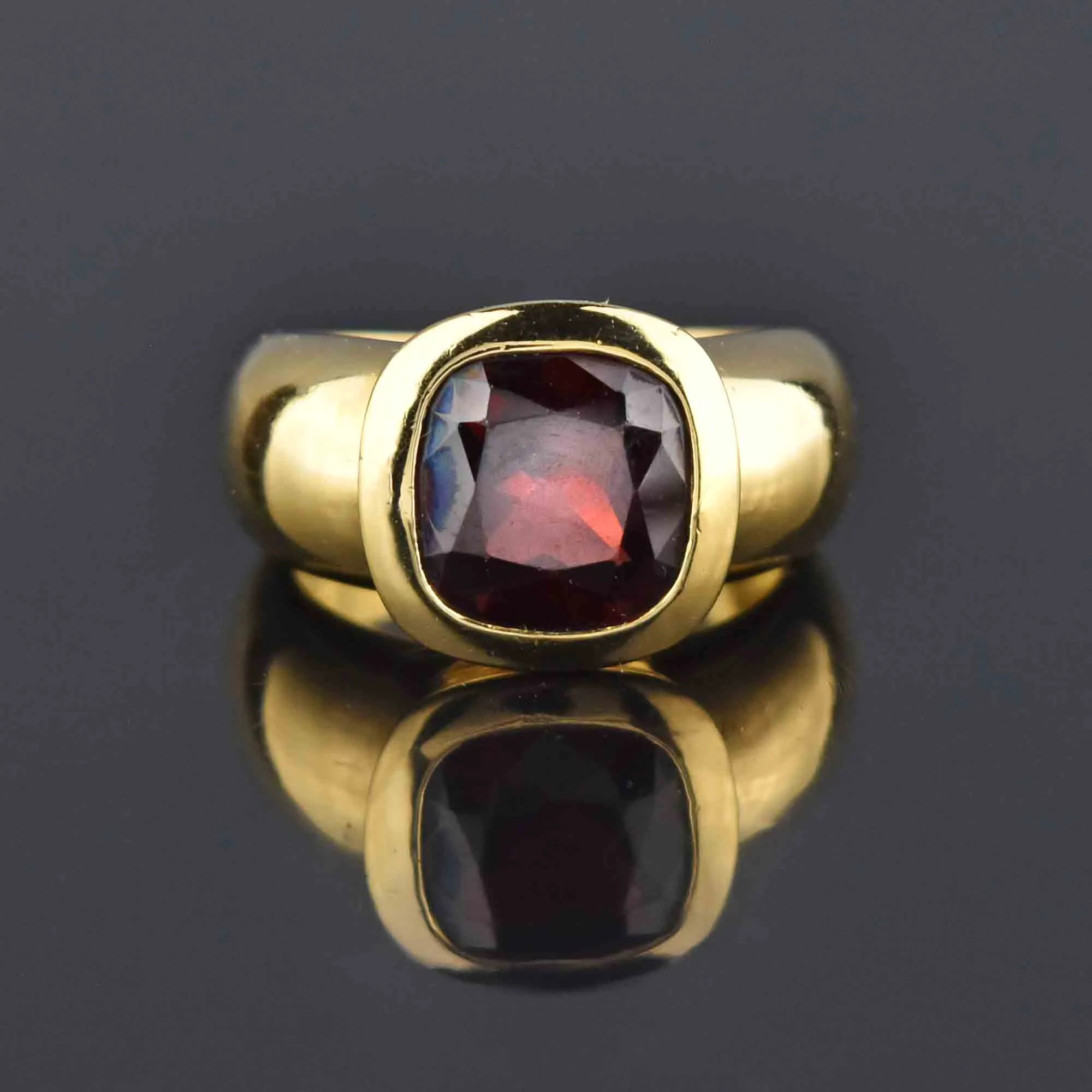 Estate Heavy 18K Gold Cushion Cut Garnet Ring