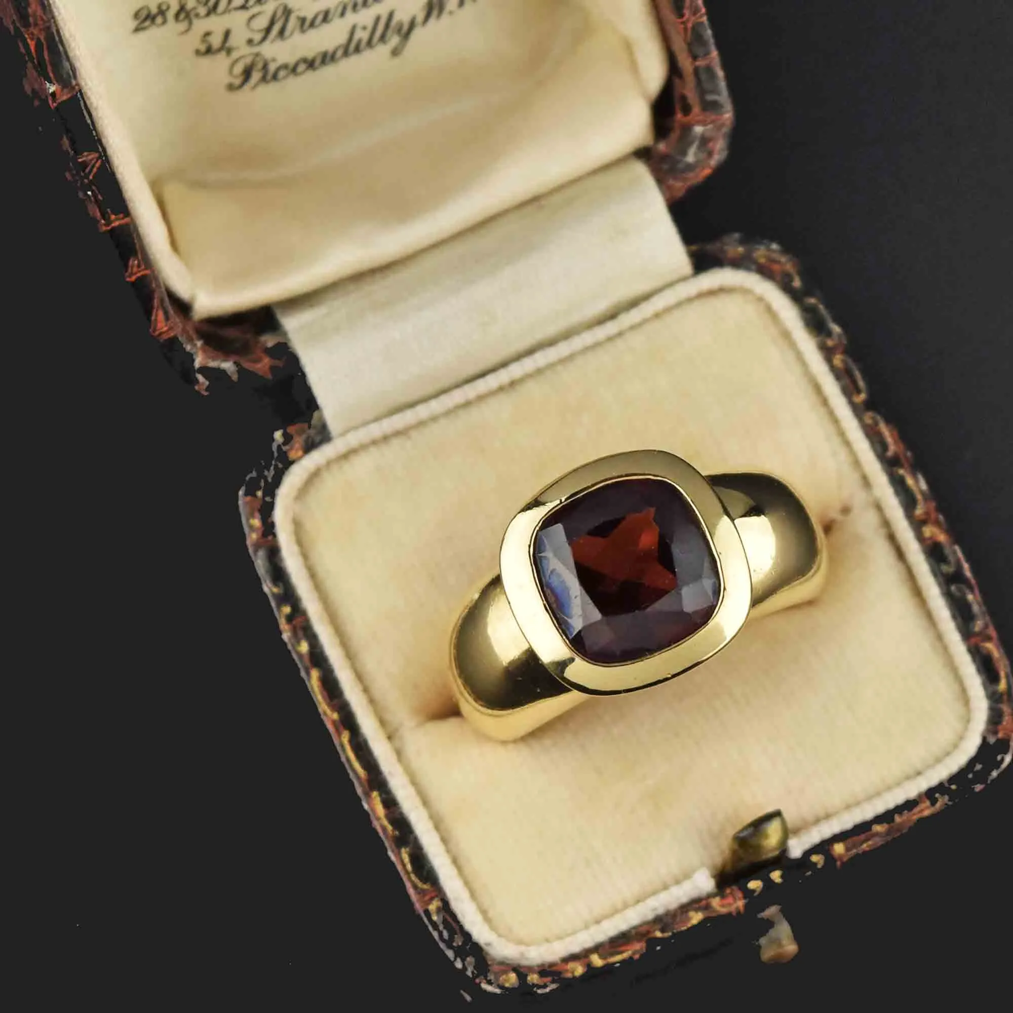 Estate Heavy 18K Gold Cushion Cut Garnet Ring