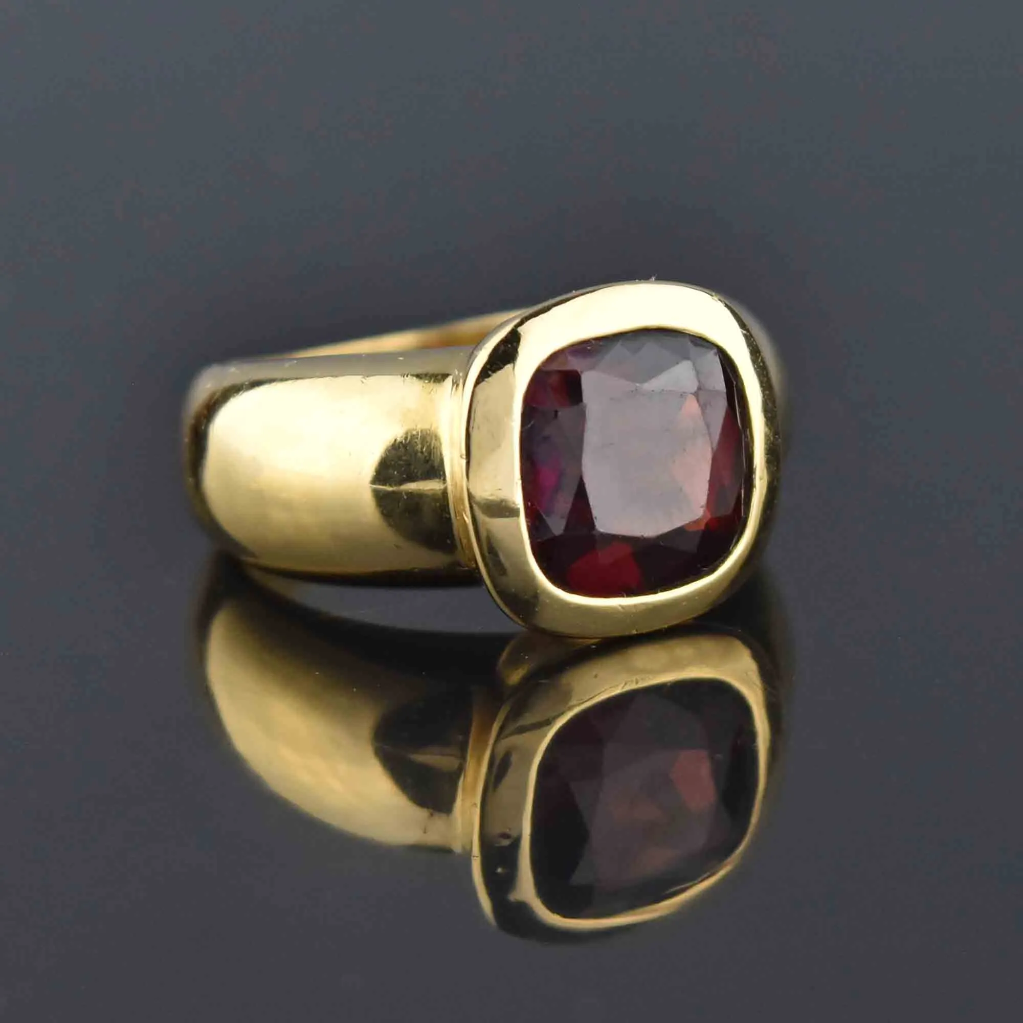 Estate Heavy 18K Gold Cushion Cut Garnet Ring