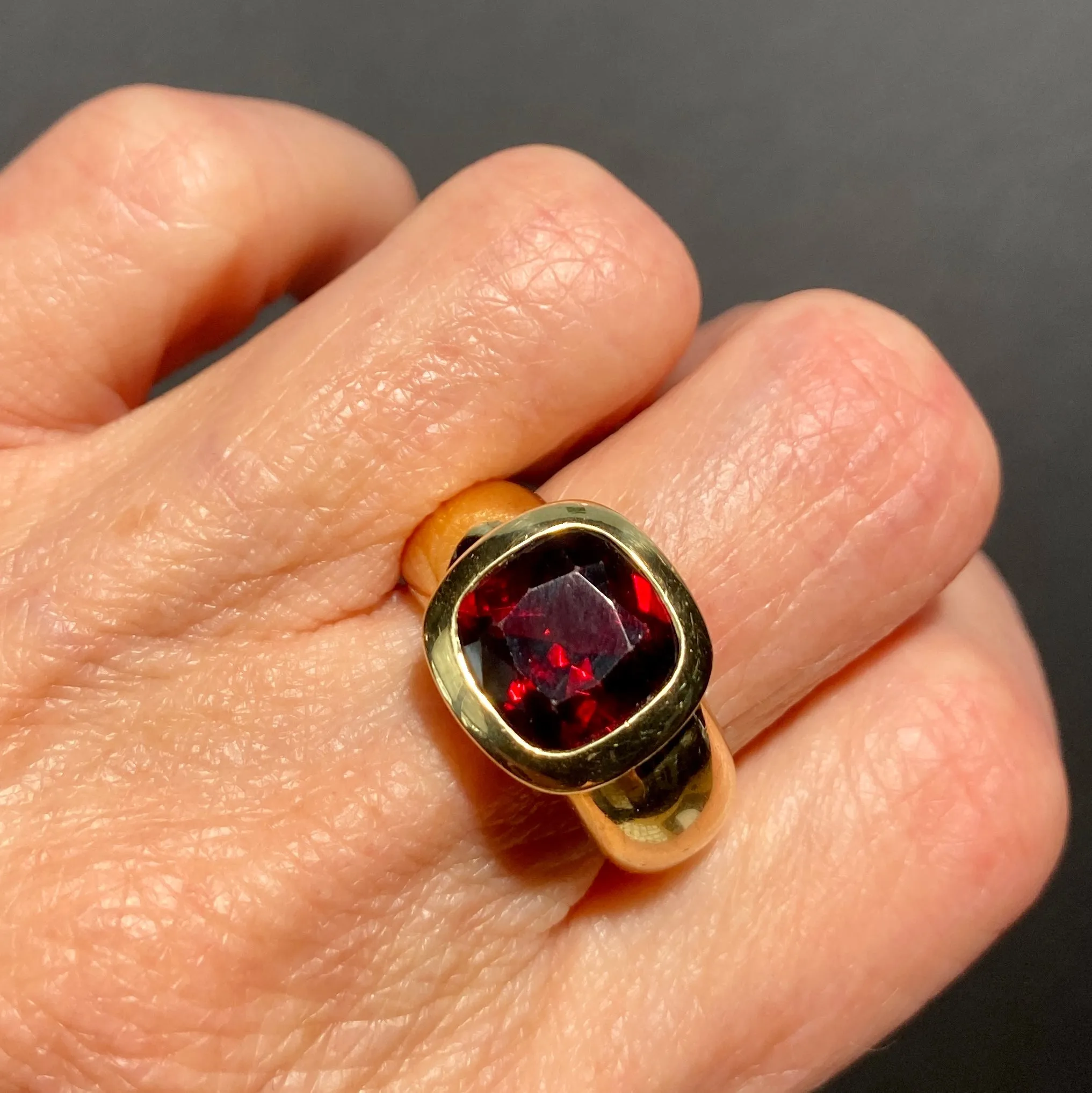 Estate Heavy 18K Gold Cushion Cut Garnet Ring