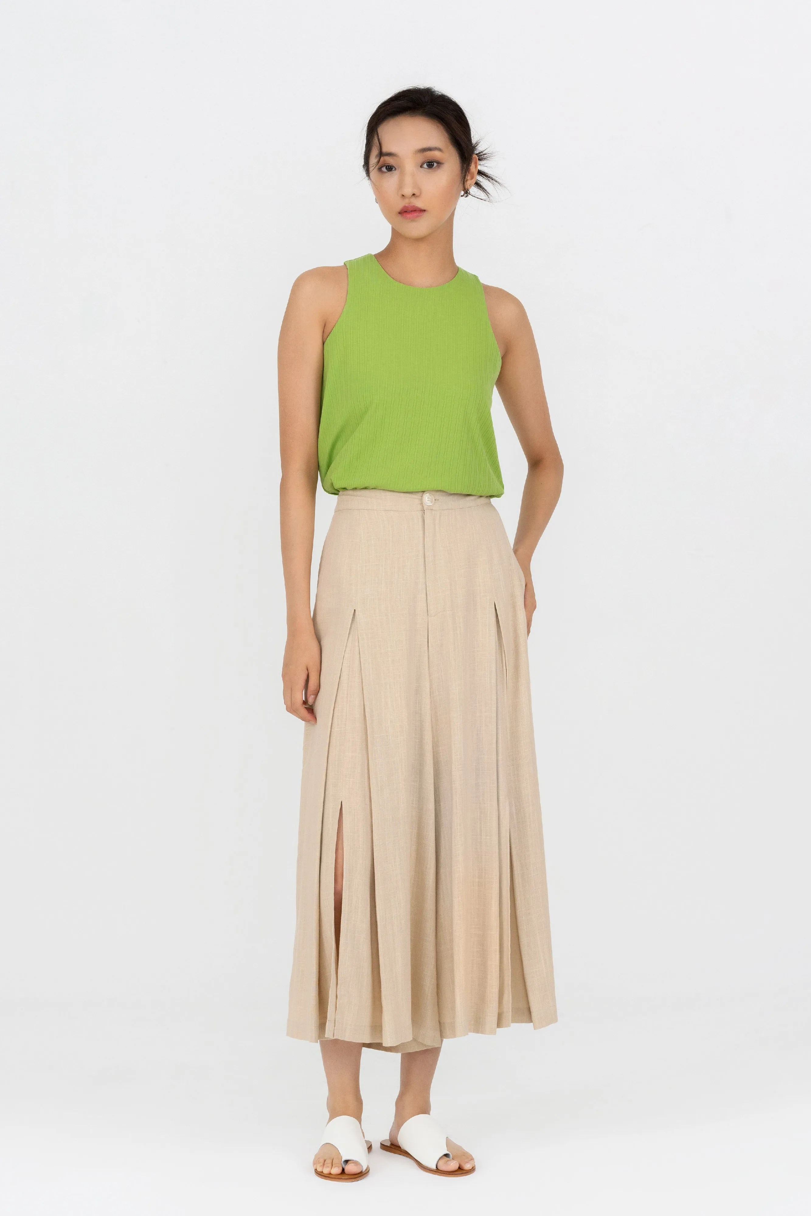 Esther Front Slit Pleated Linen Pants