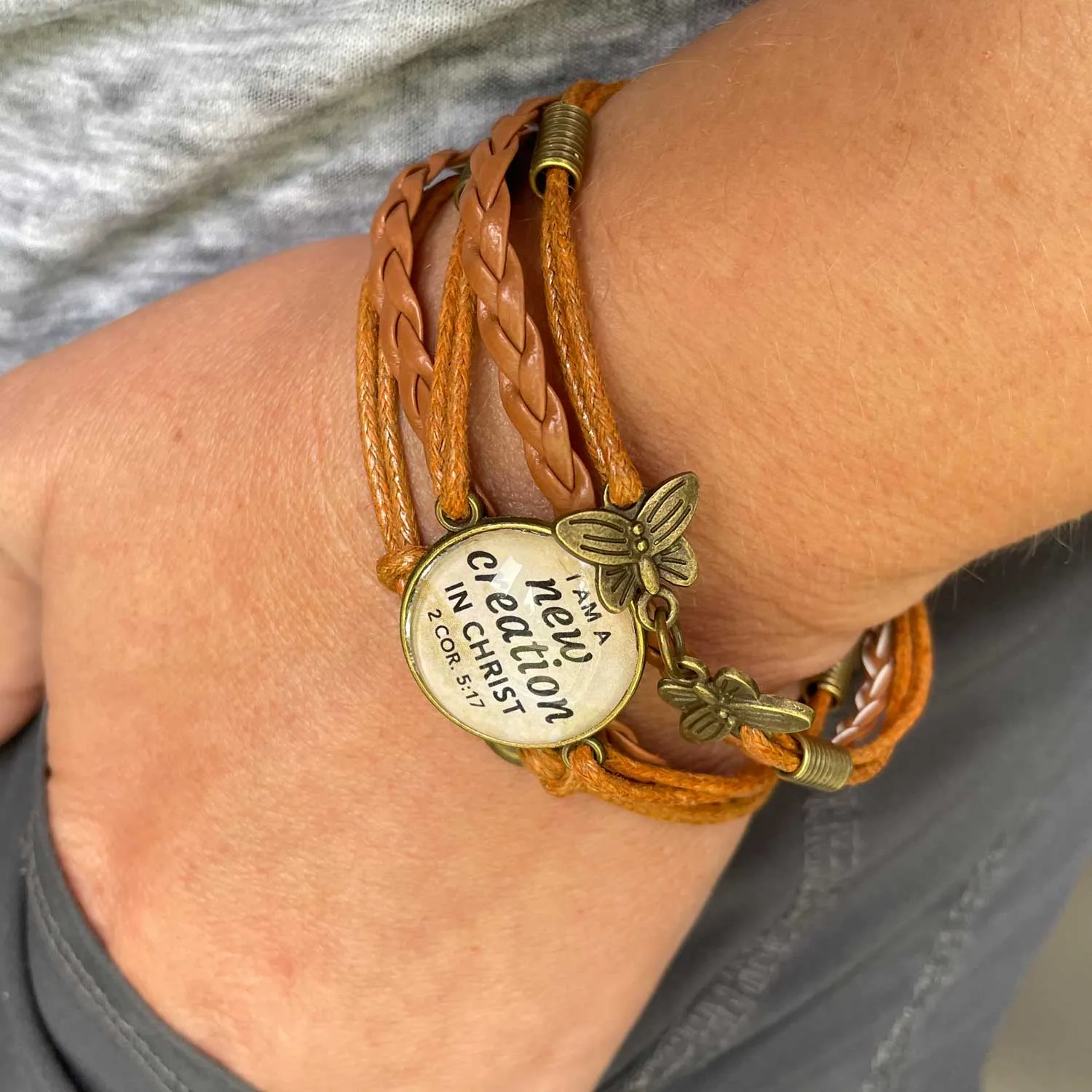 Fearfully & Wonderfully Made – Psalm 139:14 Scripture Verse – Multi-Strand Leather Bracelet with Butterflies – Christian Jewelry