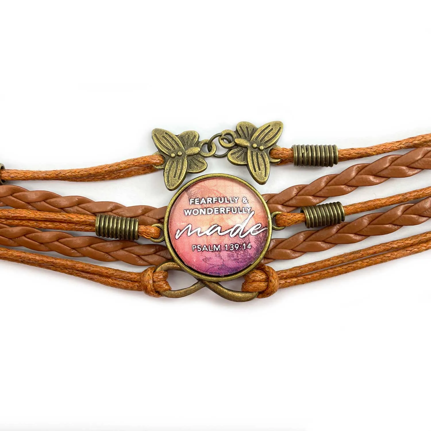 Fearfully & Wonderfully Made – Psalm 139:14 Scripture Verse – Multi-Strand Leather Bracelet with Butterflies – Christian Jewelry