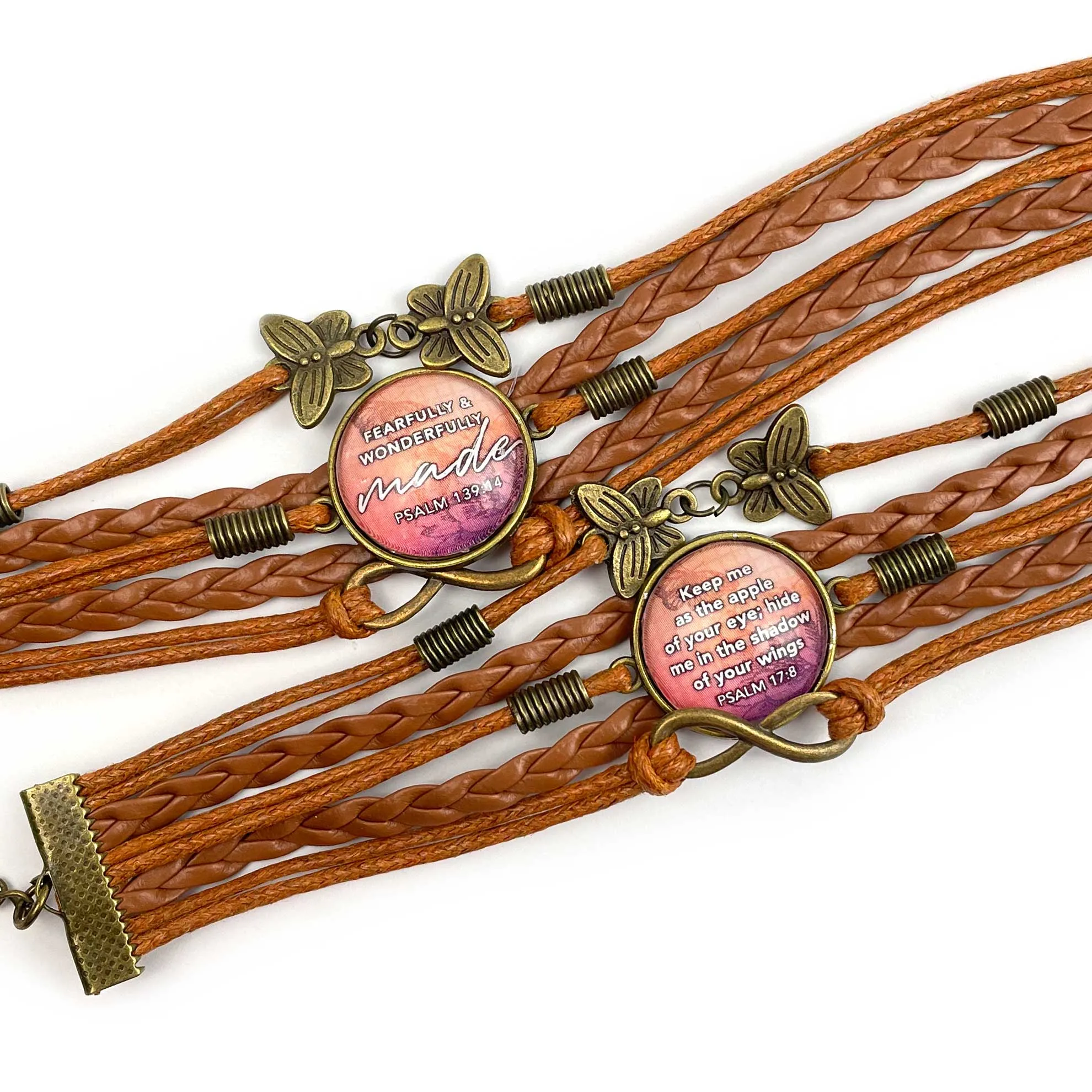 Fearfully & Wonderfully Made – Psalm 139:14 Scripture Verse – Multi-Strand Leather Bracelet with Butterflies – Christian Jewelry