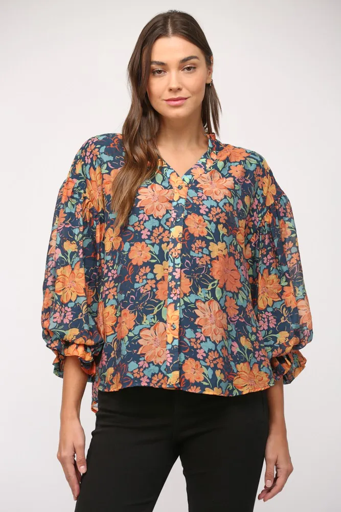 Floral Print Split Neck Bubble Sleeve Blouse