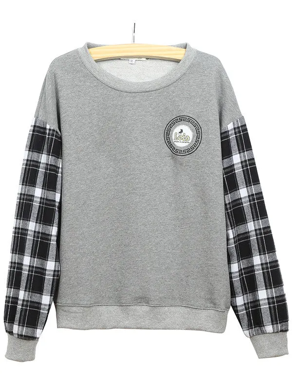 Gray Long Plaid Sleeves Sweatshirt