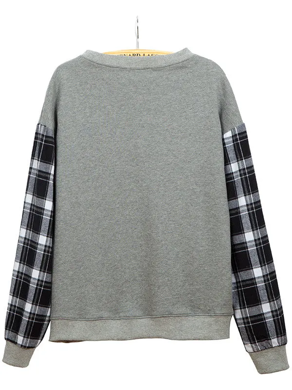 Gray Long Plaid Sleeves Sweatshirt