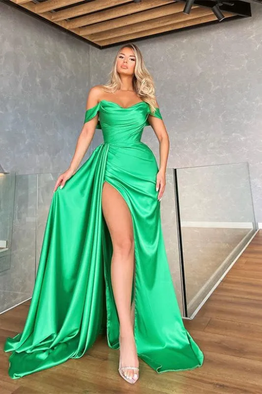 Green Mermaid Prom Dress with Off-the-Shoulder Style and Slit