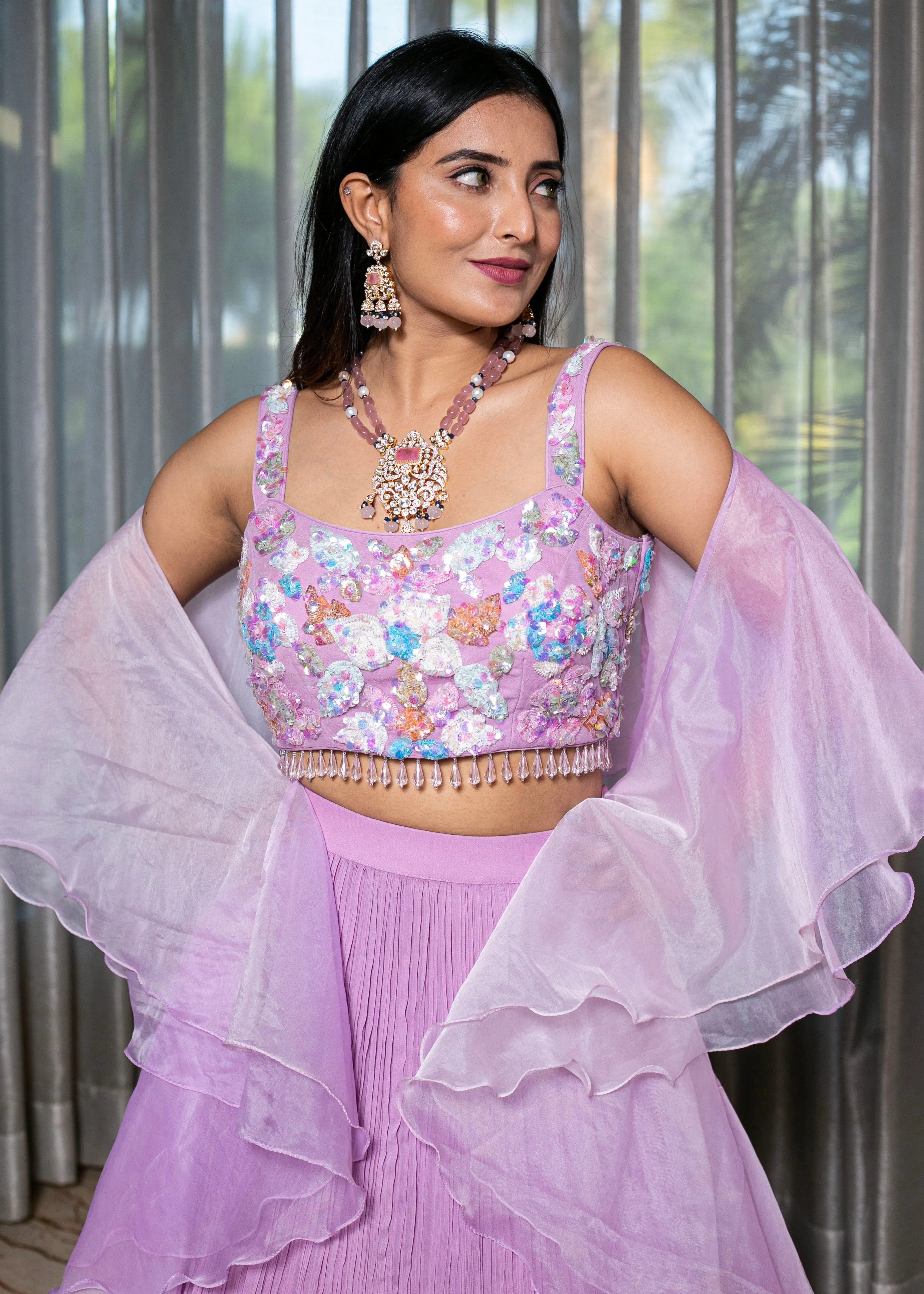 Handcrafted Lilac Lehenga with Multi-Color Sequence Blouse and Ruffle Organza Dupatta