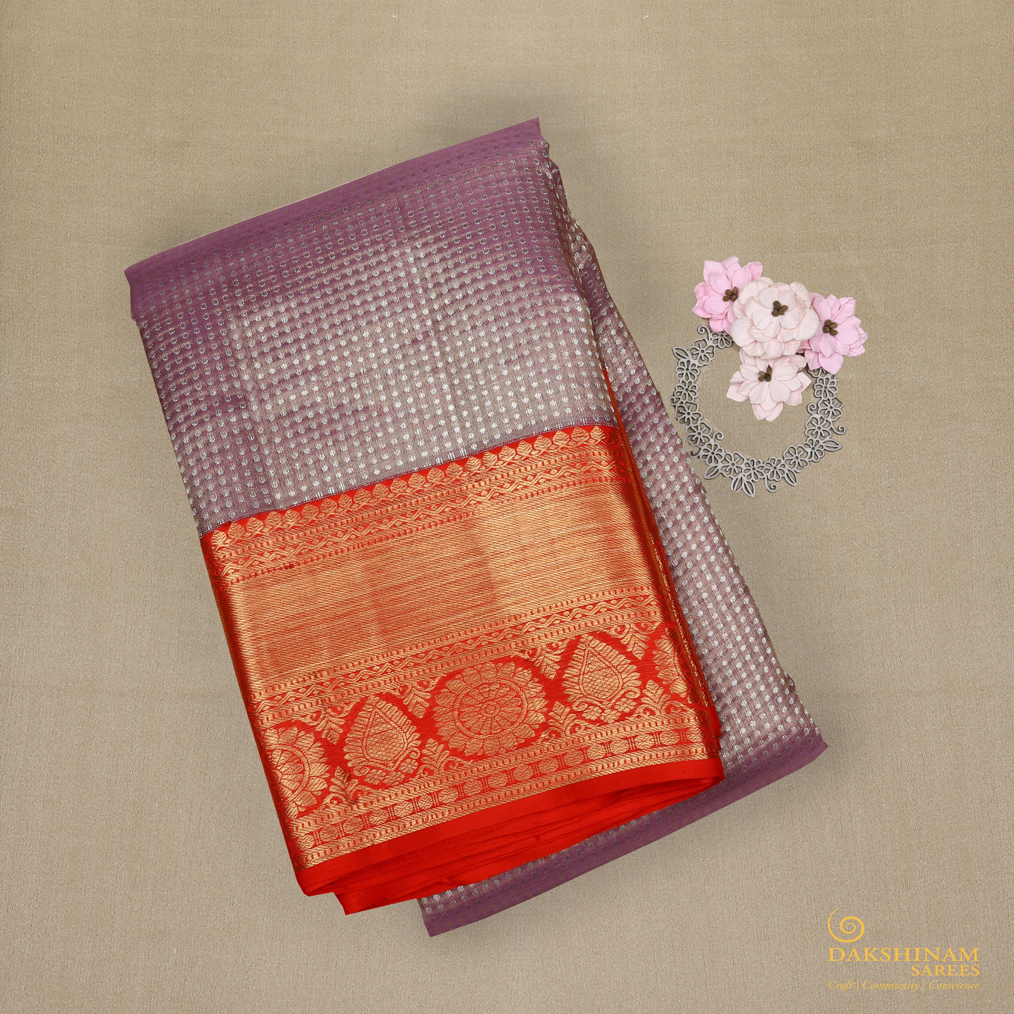 Handwoven Lilac with Red Kanjivaram Silk Saree - 1054T003155DSC