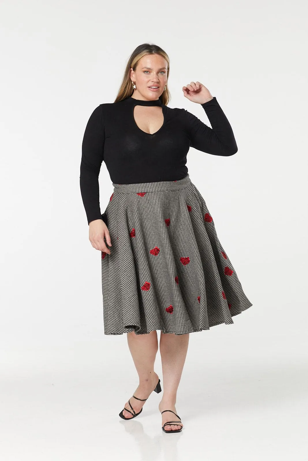 Houndstooth Woollen Check w Rose Embroidery Swing Midi Skirt