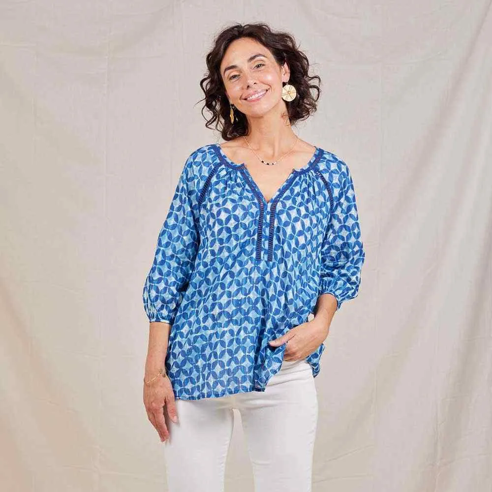 Indigo Lurex Peasant Blouse