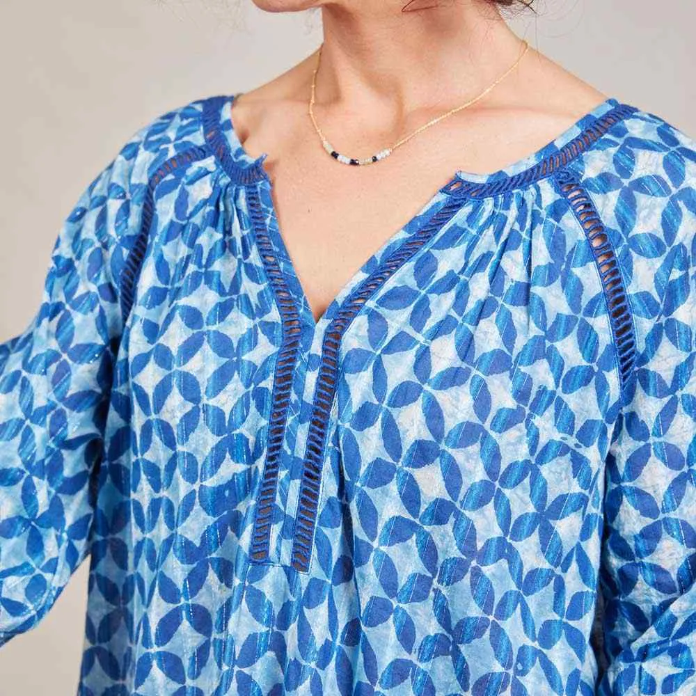 Indigo Lurex Peasant Blouse