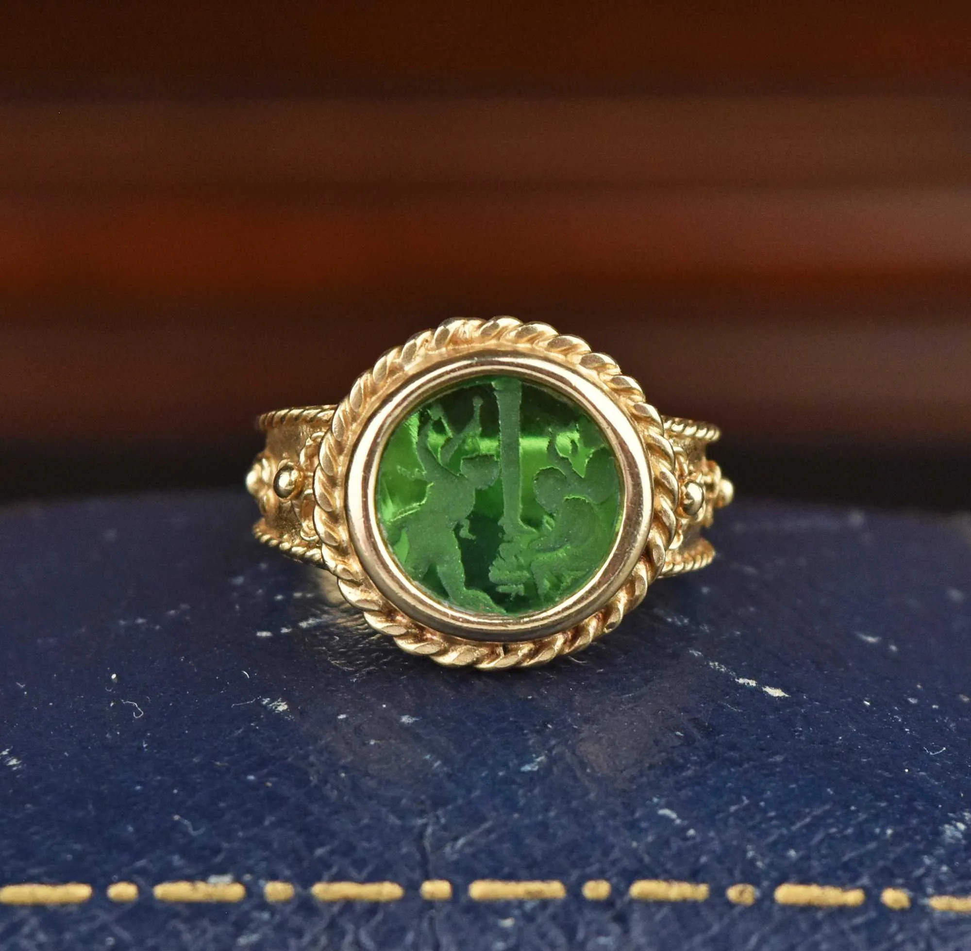 Italian 14K Gold Emerald Quartz Intaglio Ring - ON HOLD