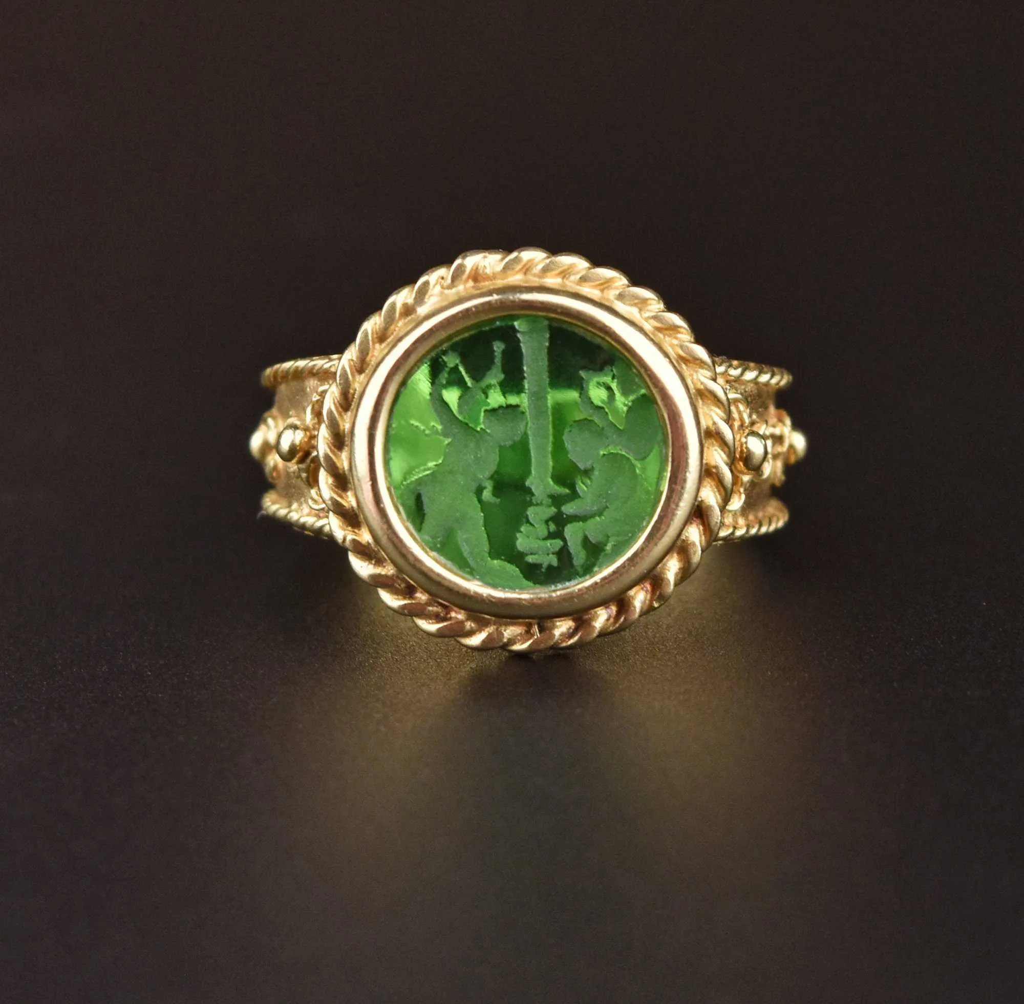 Italian 14K Gold Emerald Quartz Intaglio Ring - ON HOLD