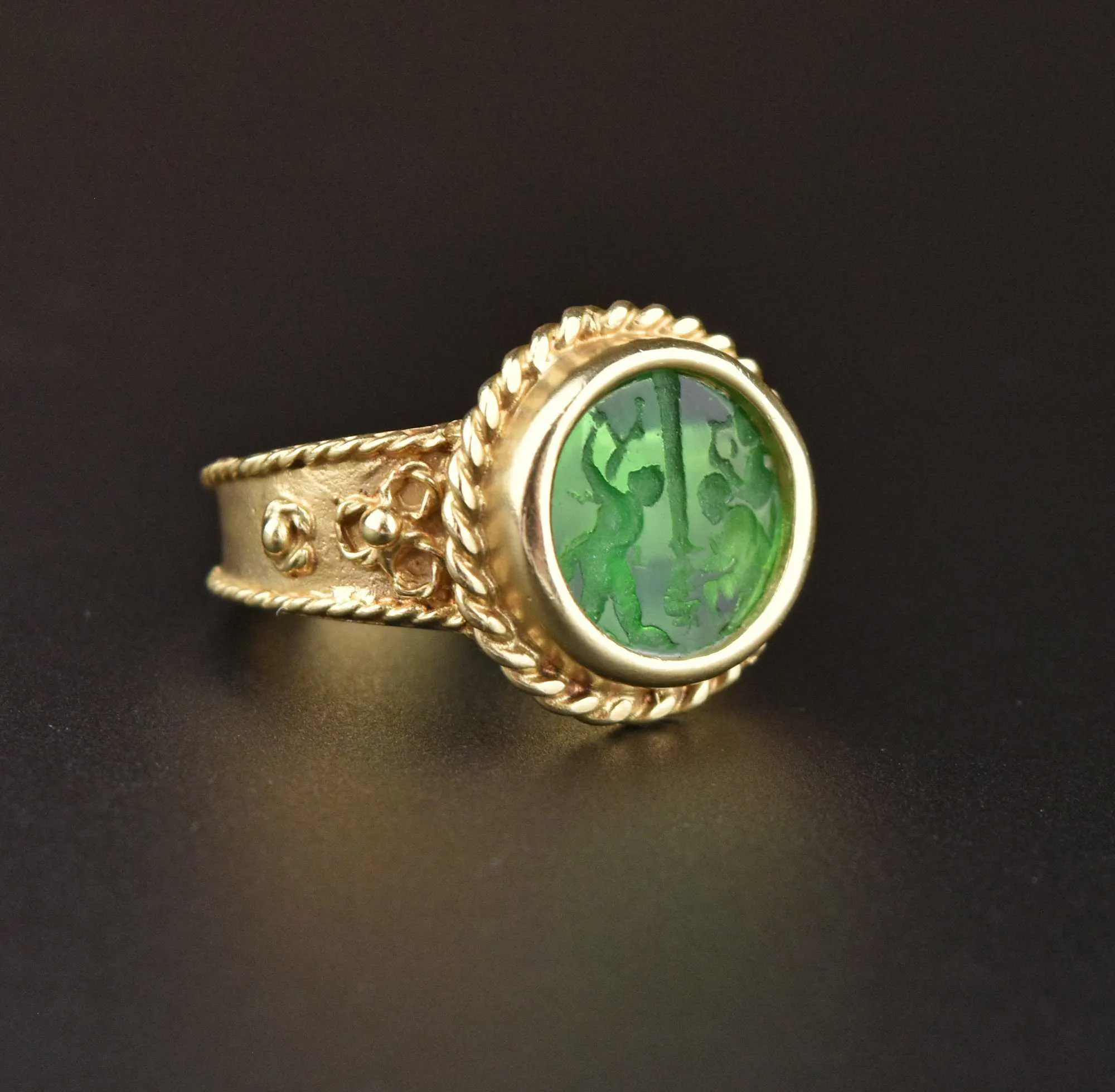 Italian 14K Gold Emerald Quartz Intaglio Ring - ON HOLD