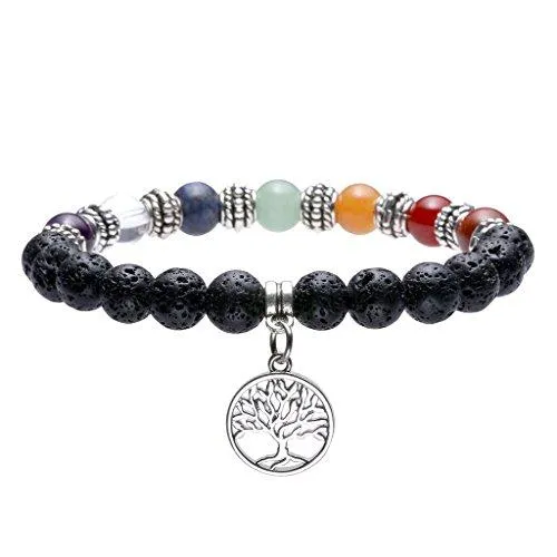 Lava Stone Diffuser Bracelet Aromatherapy 7 Chakra Tree of Life Charm Yoga