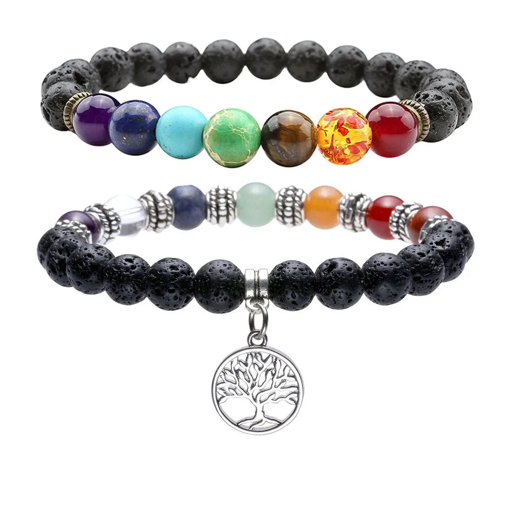 Lava Stone Diffuser Bracelet Aromatherapy 7 Chakra Tree of Life Charm Yoga